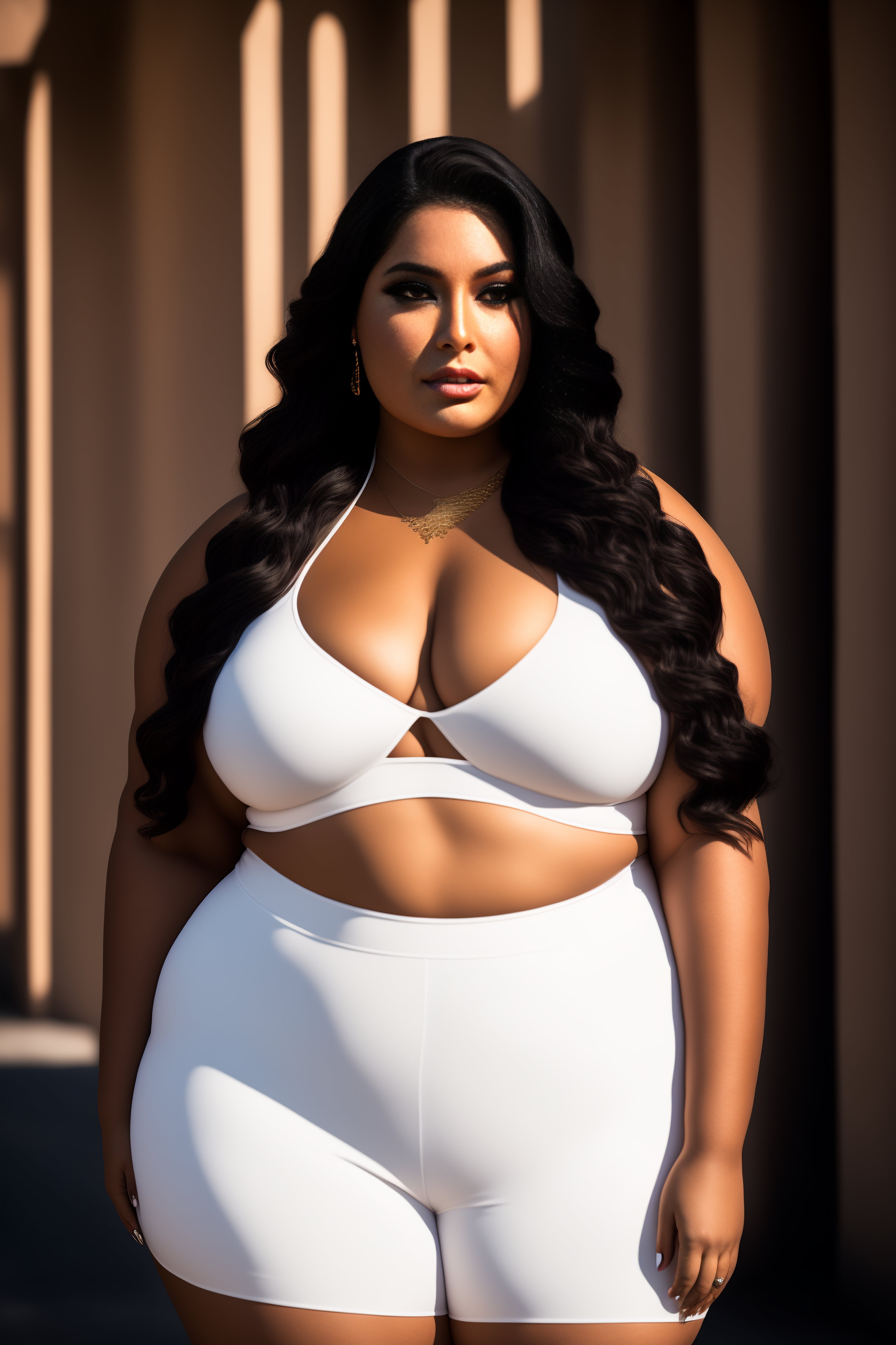 Lexica - Plus-sized Latina model, makeup, eyeliner, wide hips, pretty  symmetrical face, outdoor, natural light, photograph, Canon 5D Mark III