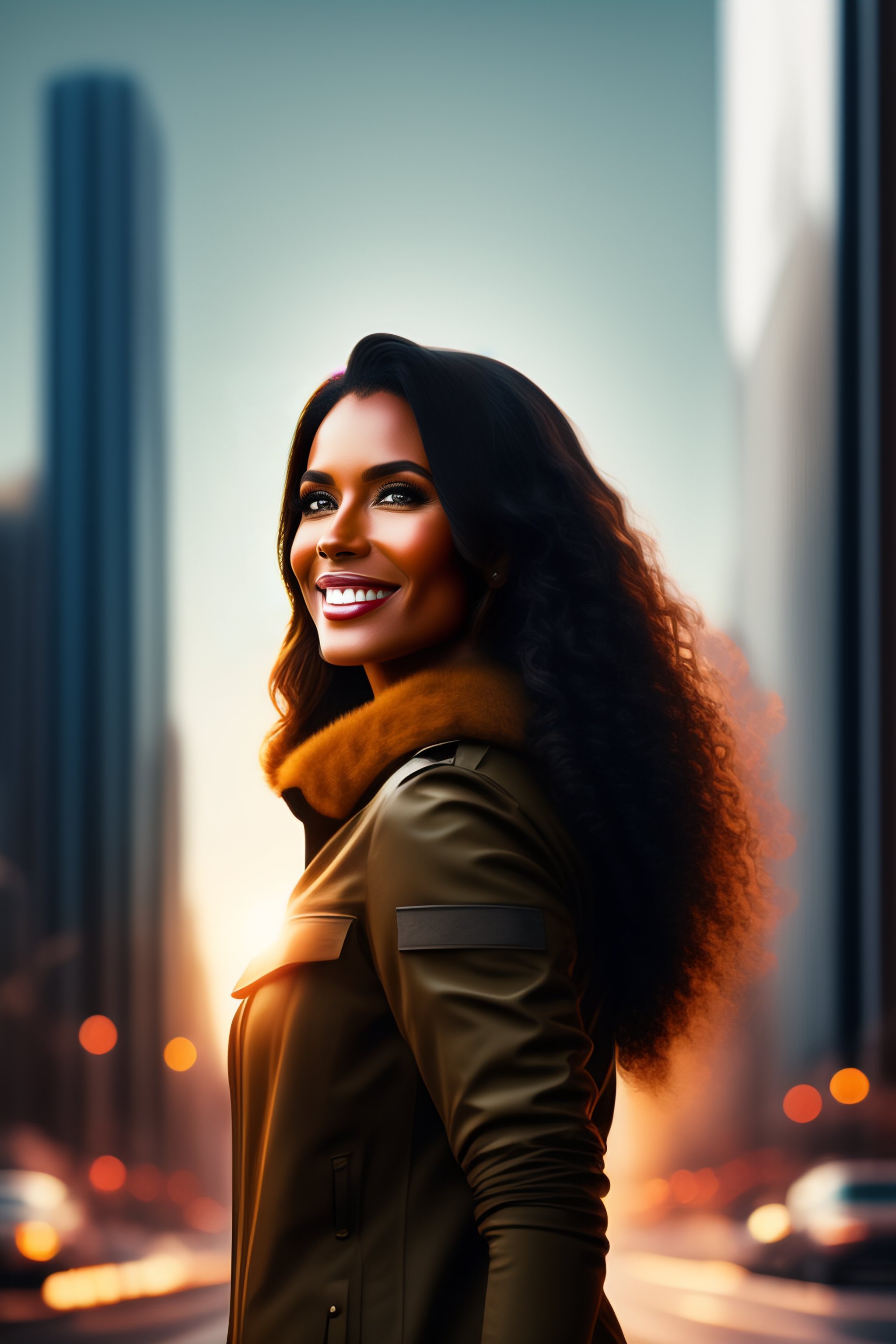 Lexica - Cross-armed woman looking to the side and smiling in a city
