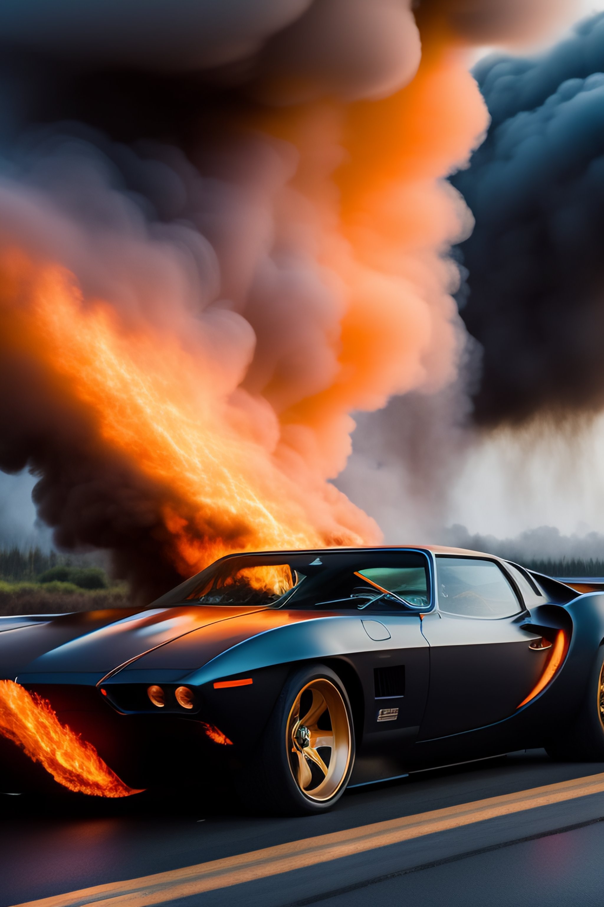 Lexica - A burning flying car inflames of fire, night rider