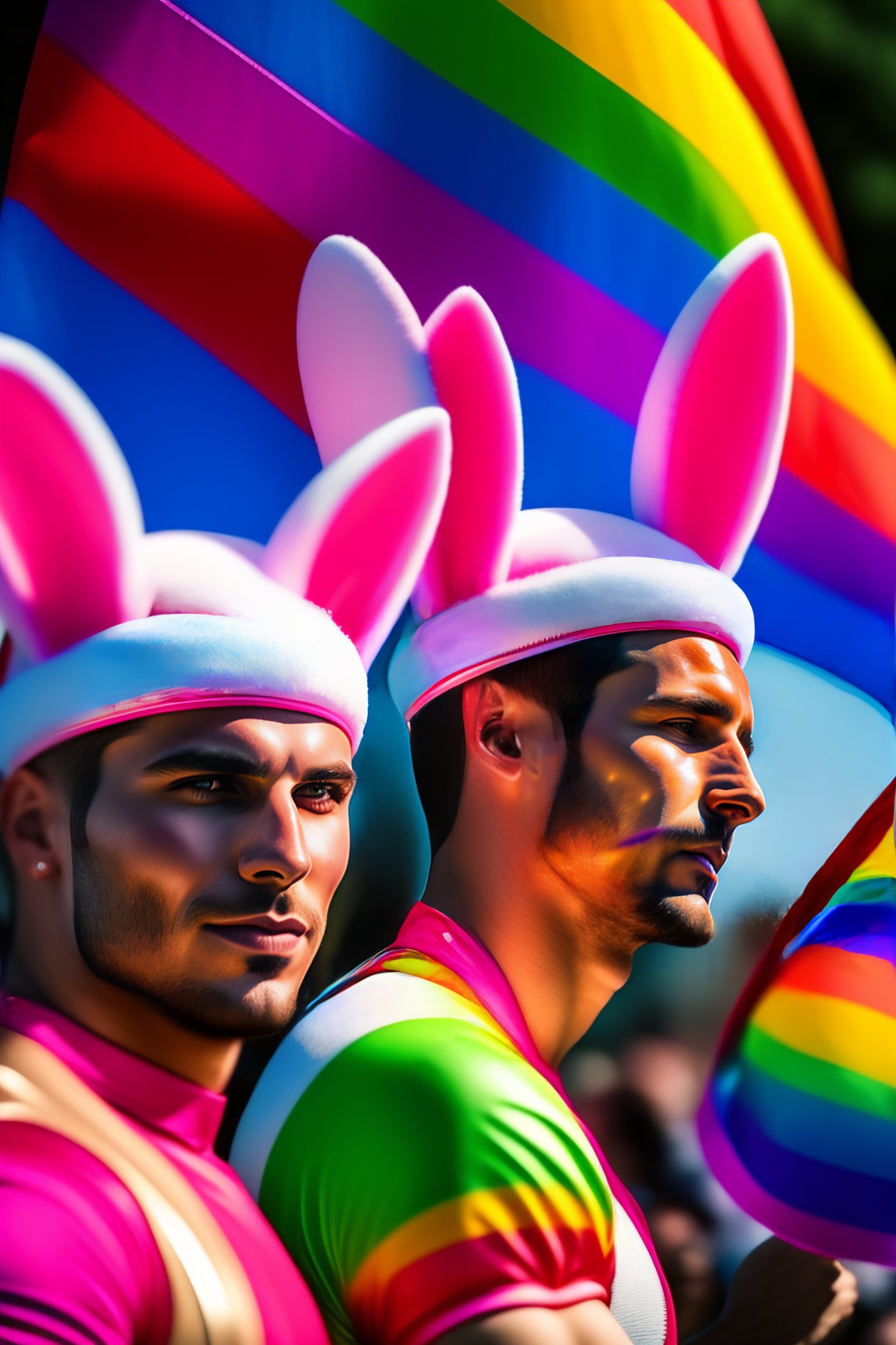 Lexica - Russian christian ortodox priests wearing pink underpants and bunny  ears at gay pride parade with pride rainbow flags, russian church with r...