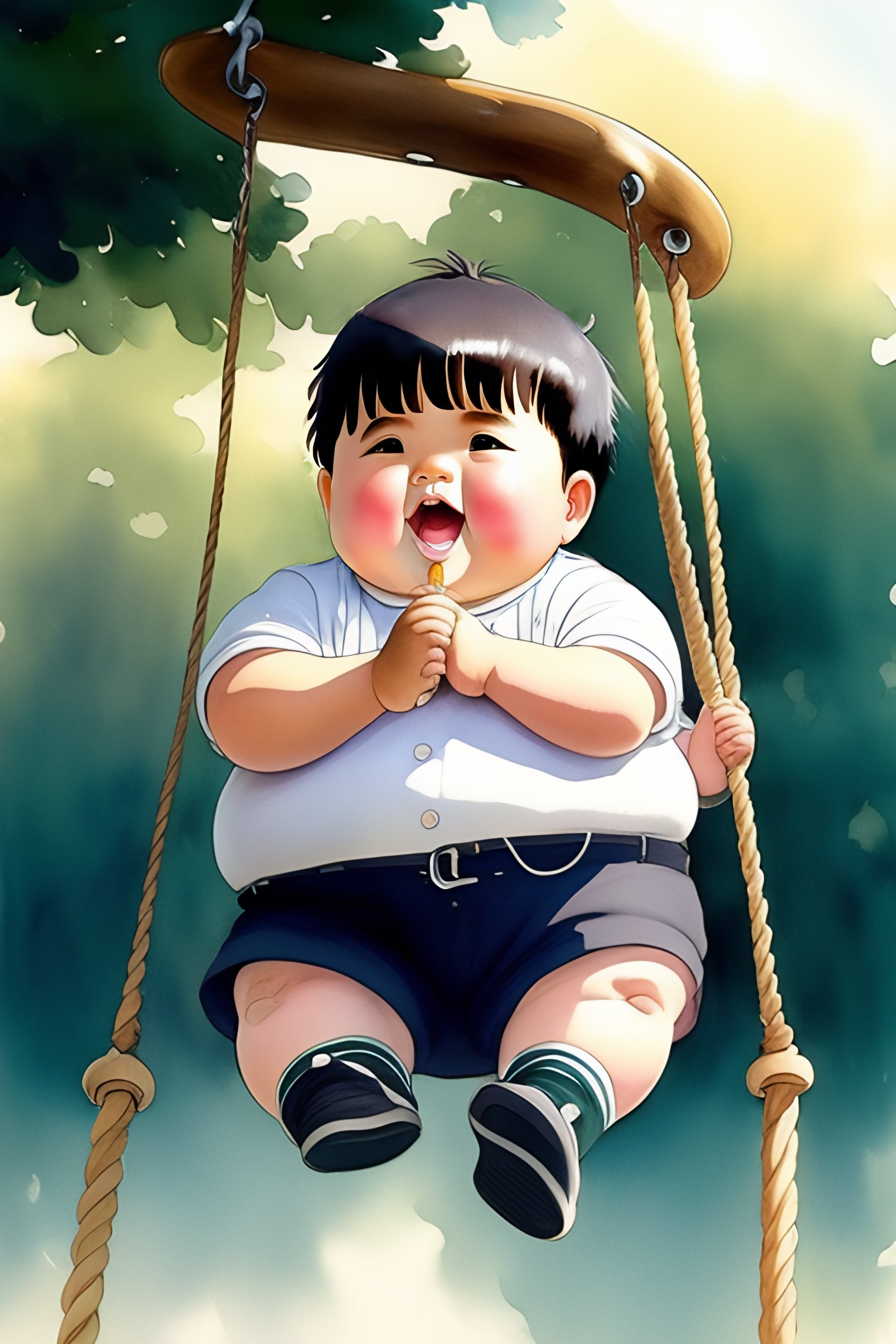 Lexica - A hand drawn water color studio ghibli art of a chubby funny chubby  cute jubilant boy with a bowl cut swing happily on a swing but a disaste...