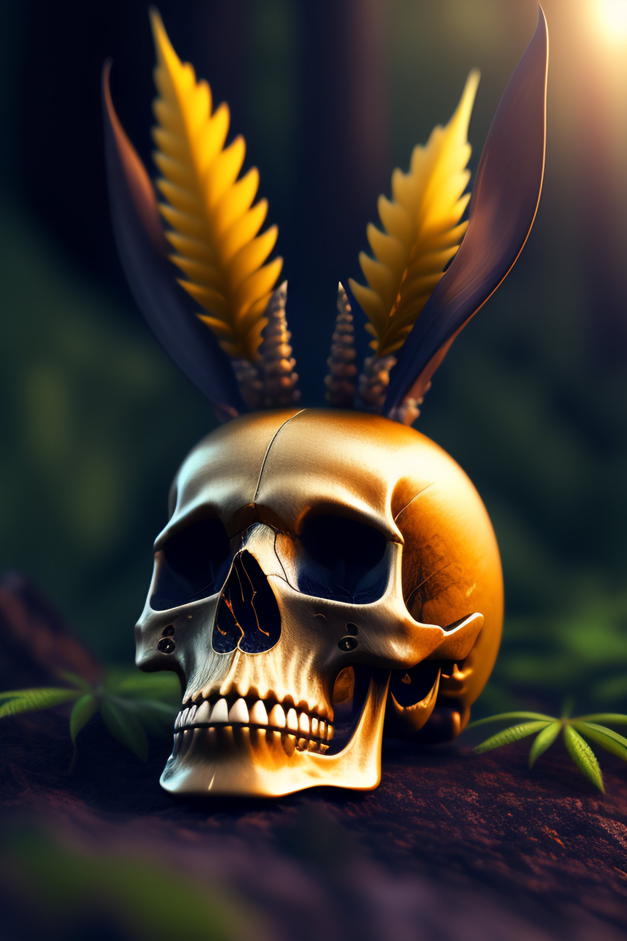 Lexica - The skull of a jackrabbit laying on the ground of a dark