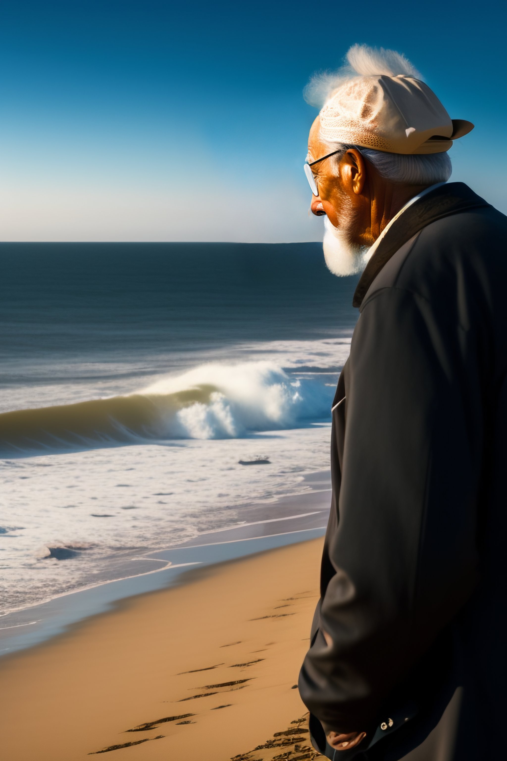 Lexica - An old man by a seashore at the end of day gazes the horizon ...