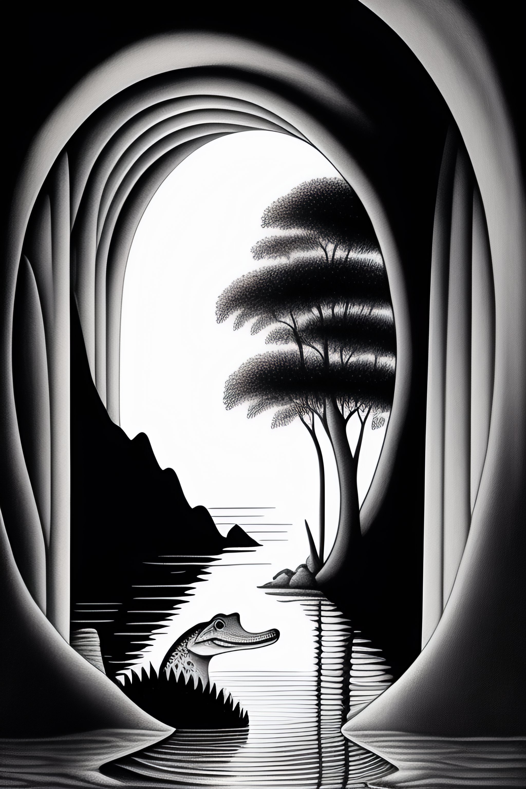Lexica - Ink draw of a alligator inside a cave, white and black, The ...
