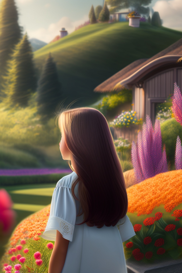 Lexica - Teen girl in front of the village, contemplating the flower garden