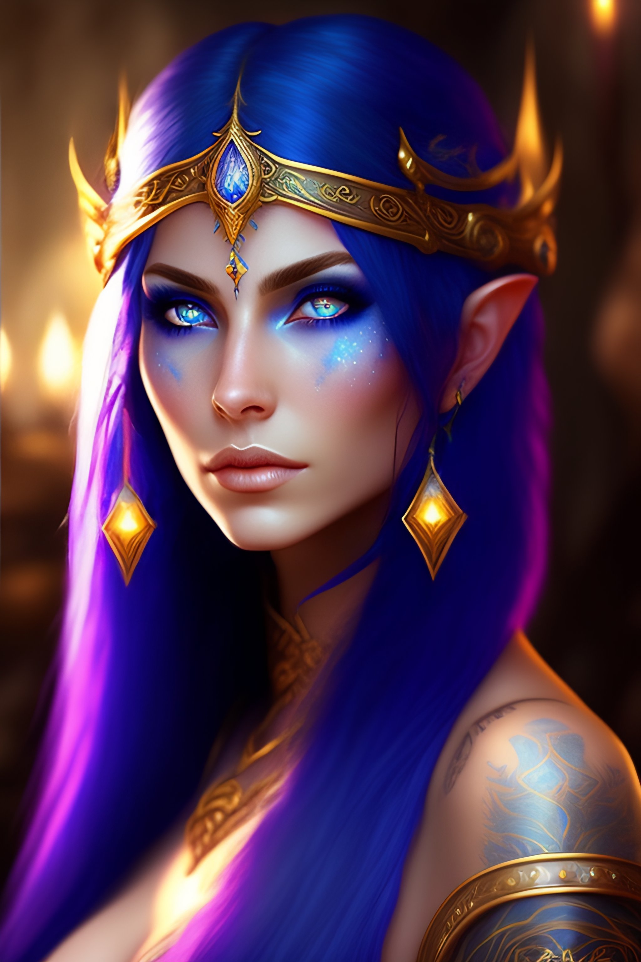 Lexica - A cute sorceress elven, blue long hair, golden eyes, tattoed ...