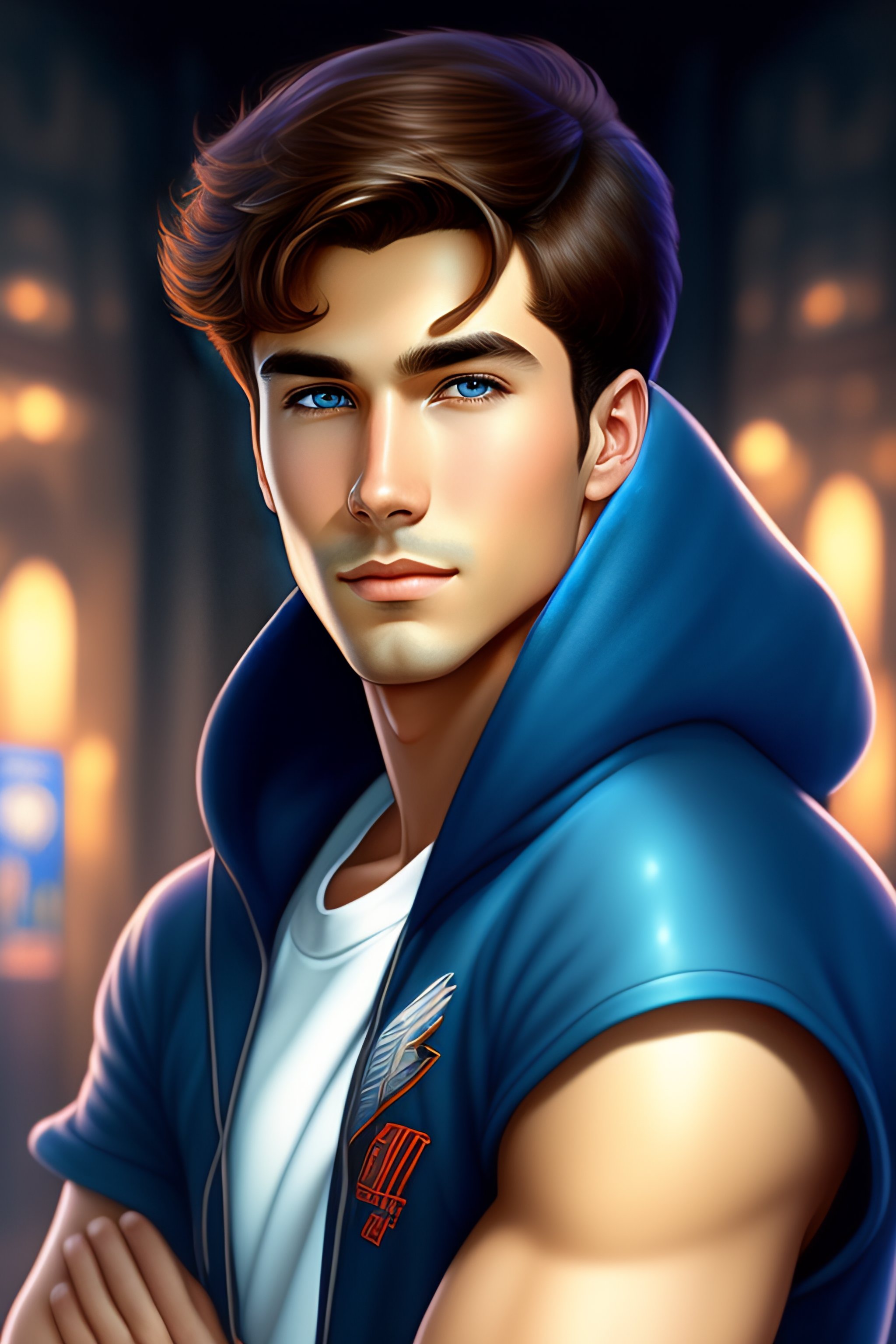 Lexica young man with short brown hair and big blue eyes wearing