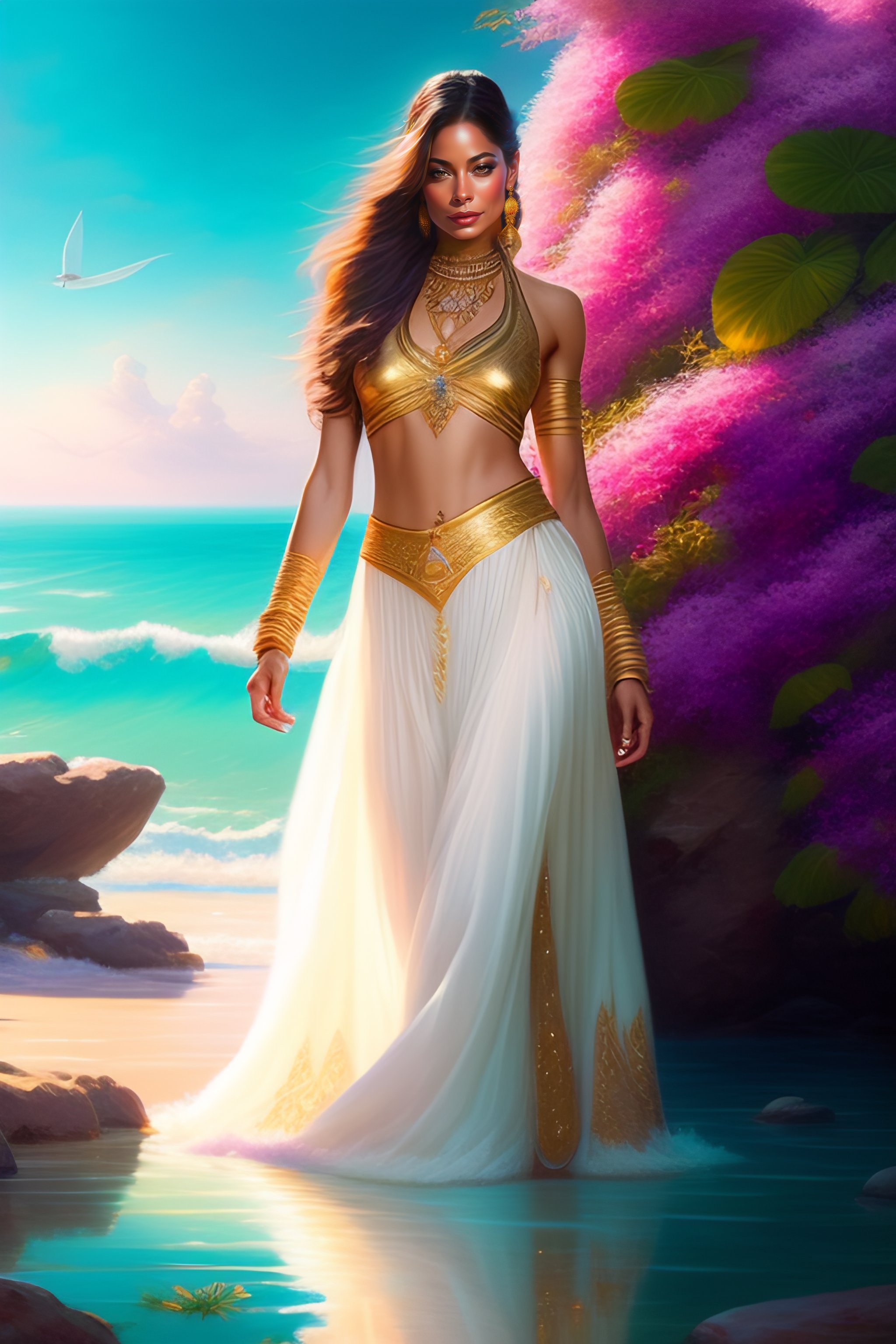 Lexica - Kristin Kreuk Beautiful arabian princess wearing white clothes and  gold jewels dancing in water on tropical beach with greeneries and colorf...