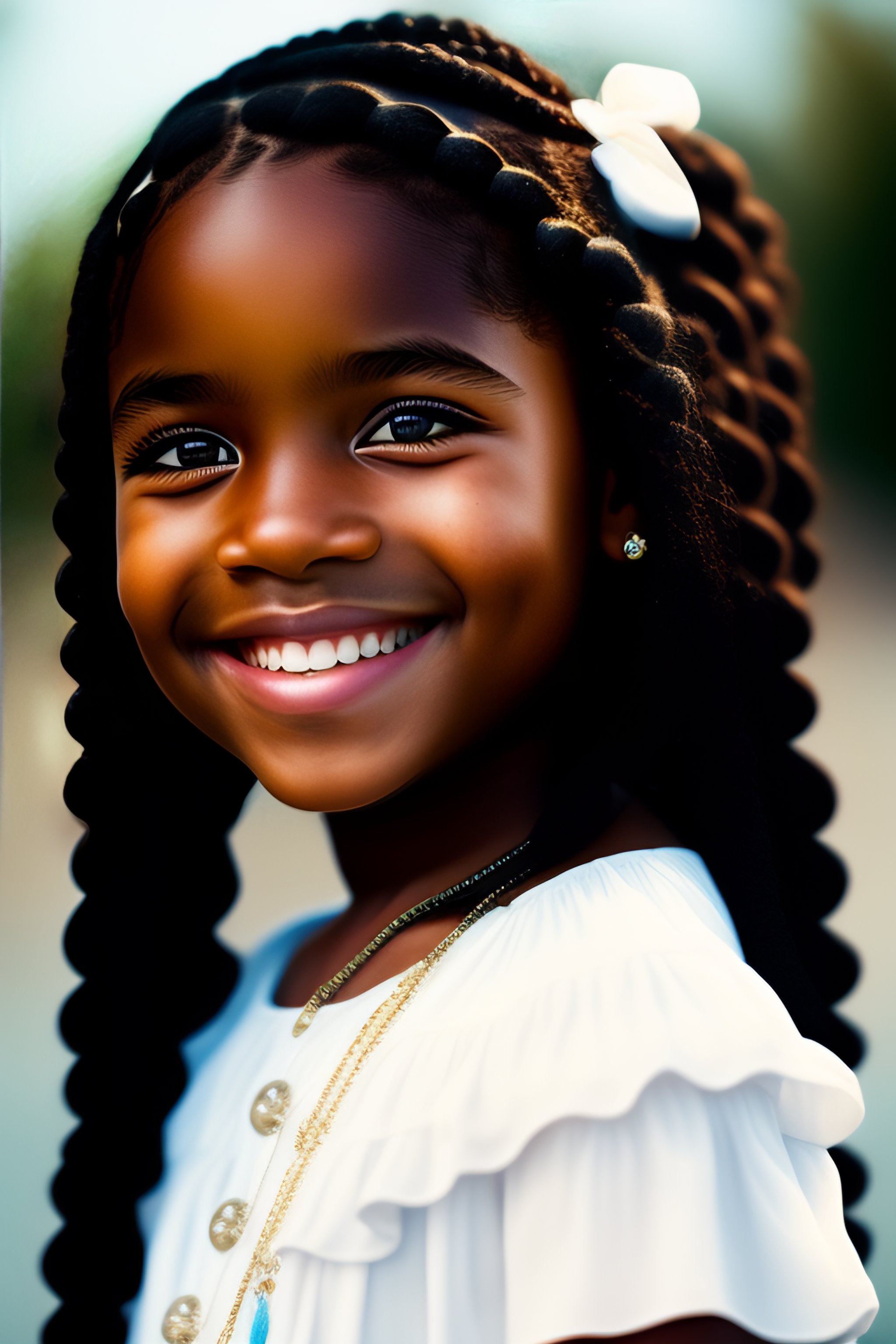 Lexica - Young ,dark skin, child, [[[white dress]]], tiny braids ...