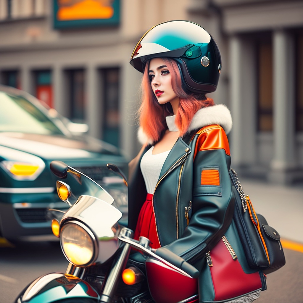 Girl with motorcycle store helmet