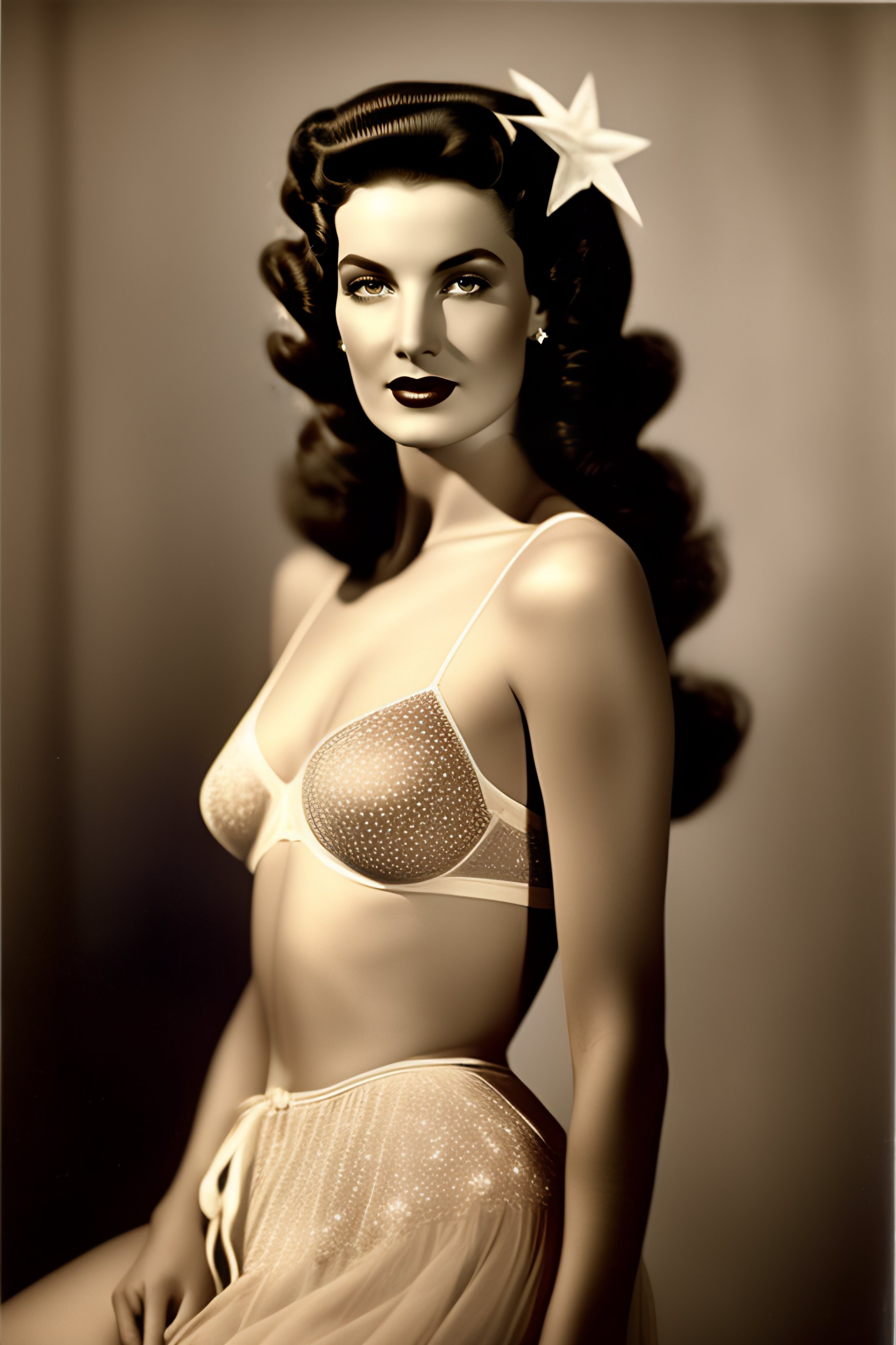 Lexica - Transparent silk tulle bra with lines and stars, embroidery, 1950,  classic photography