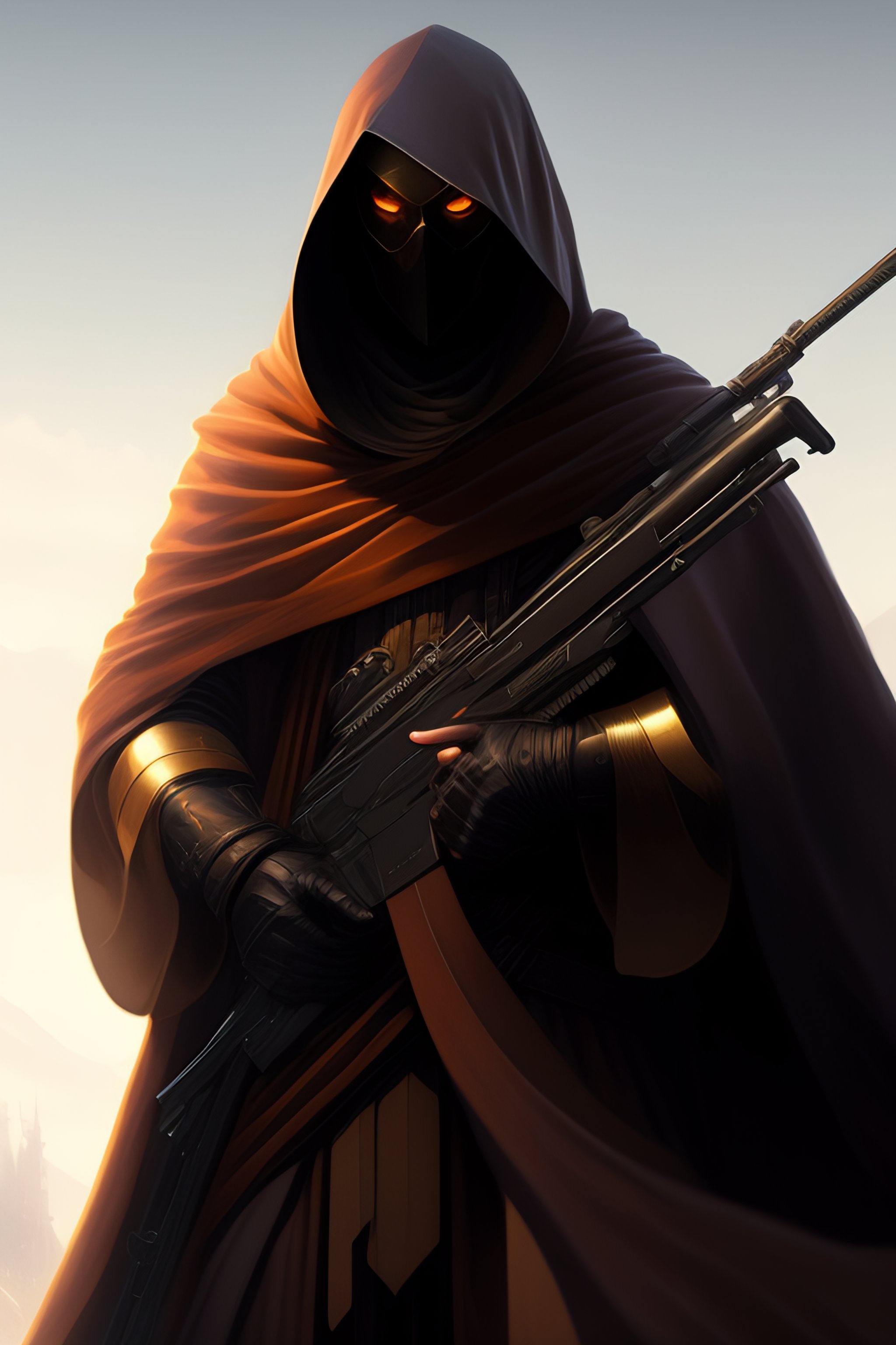 Lexica - Grim Reaper in a hood holding sniper rifles, portrait, highly ...