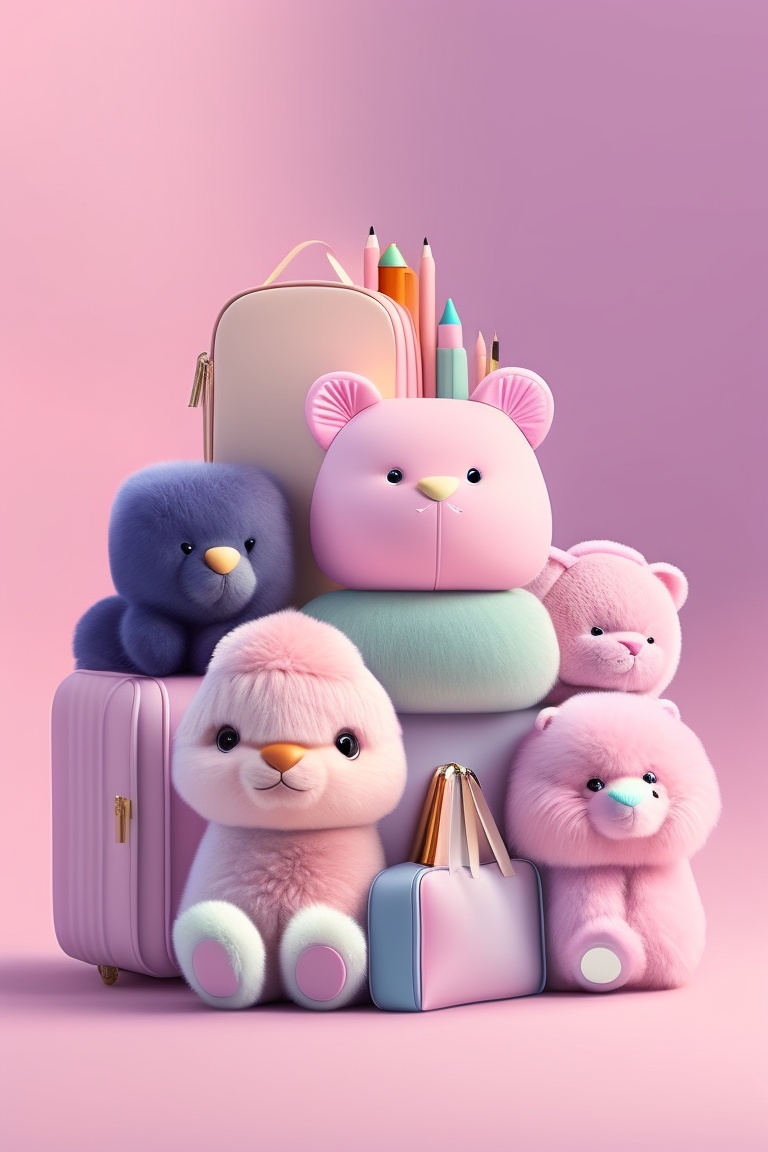 Lexica - Pale pink background, focused, animated, stuffed animals ...