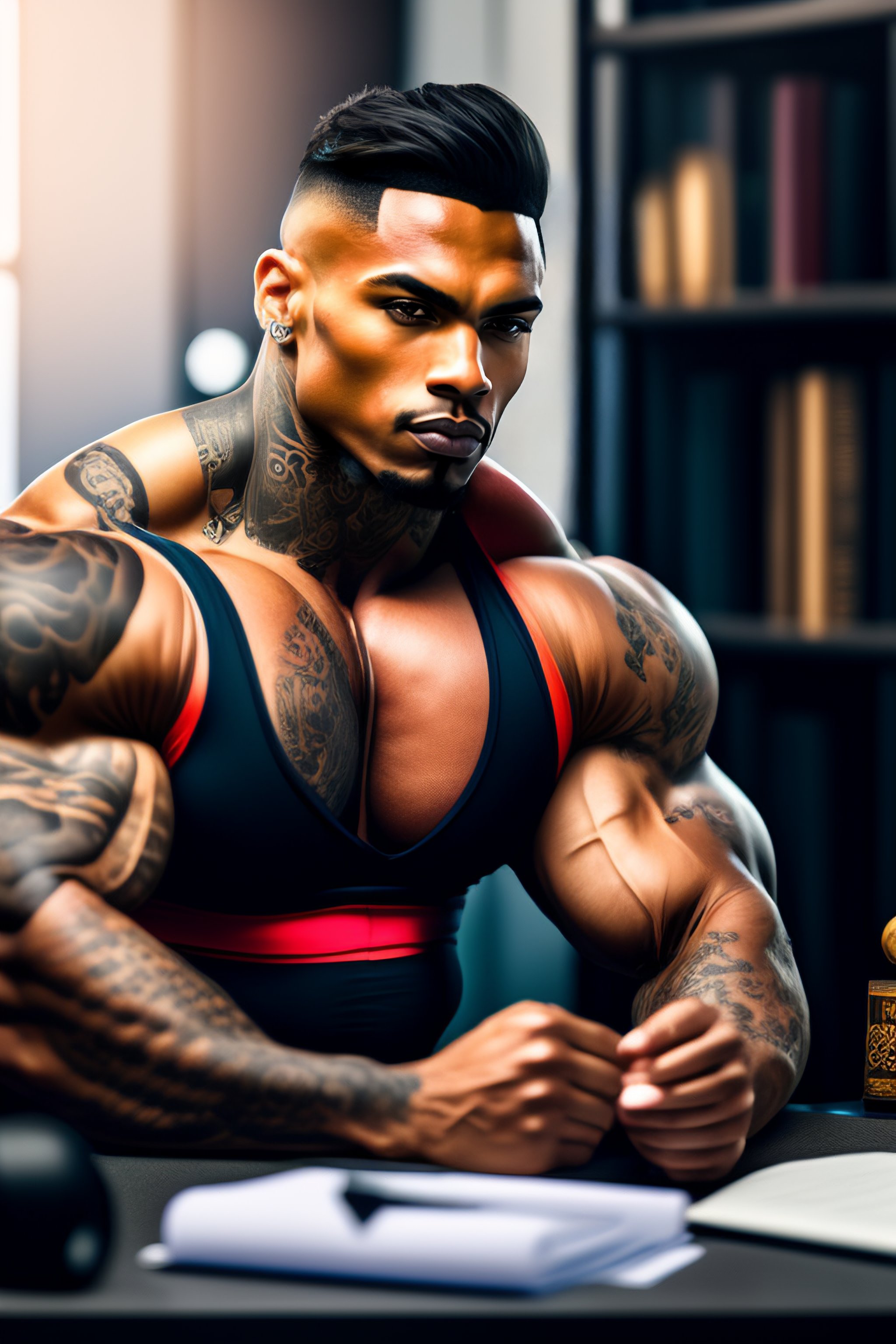 Lexica - Tattooed bodybuilder sitting behind a desk