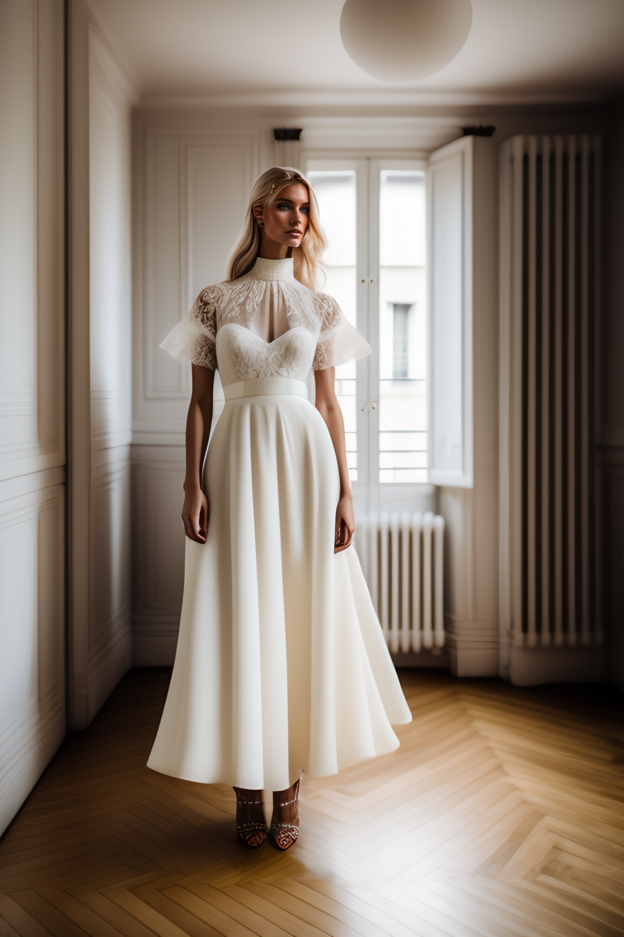 Lexica - Blond fashion model wearing a short wedding dress,ivory corded ...