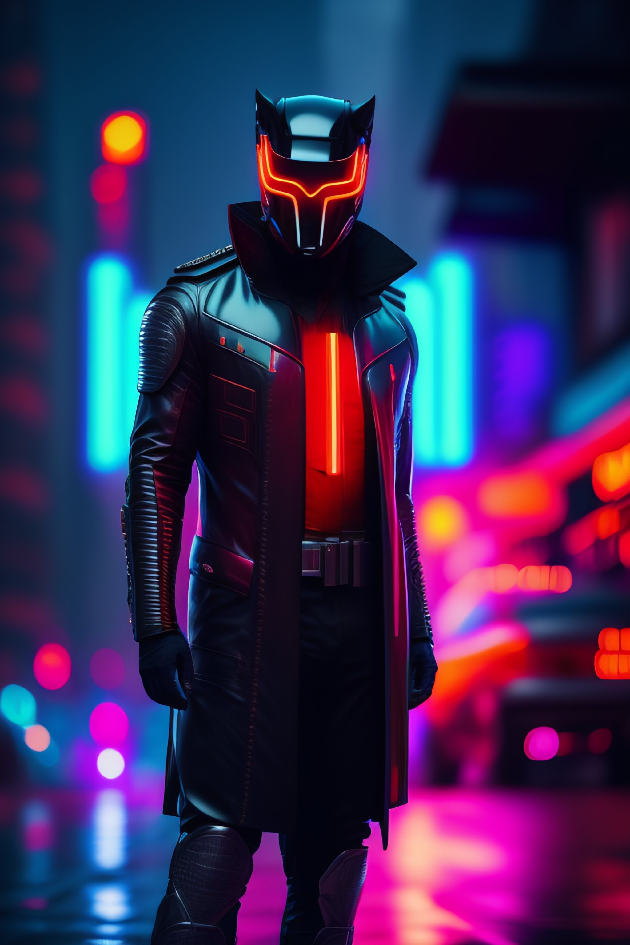 Lexica - Futuristic cyberpunk masked cop, full body, heavy rain, neon ...