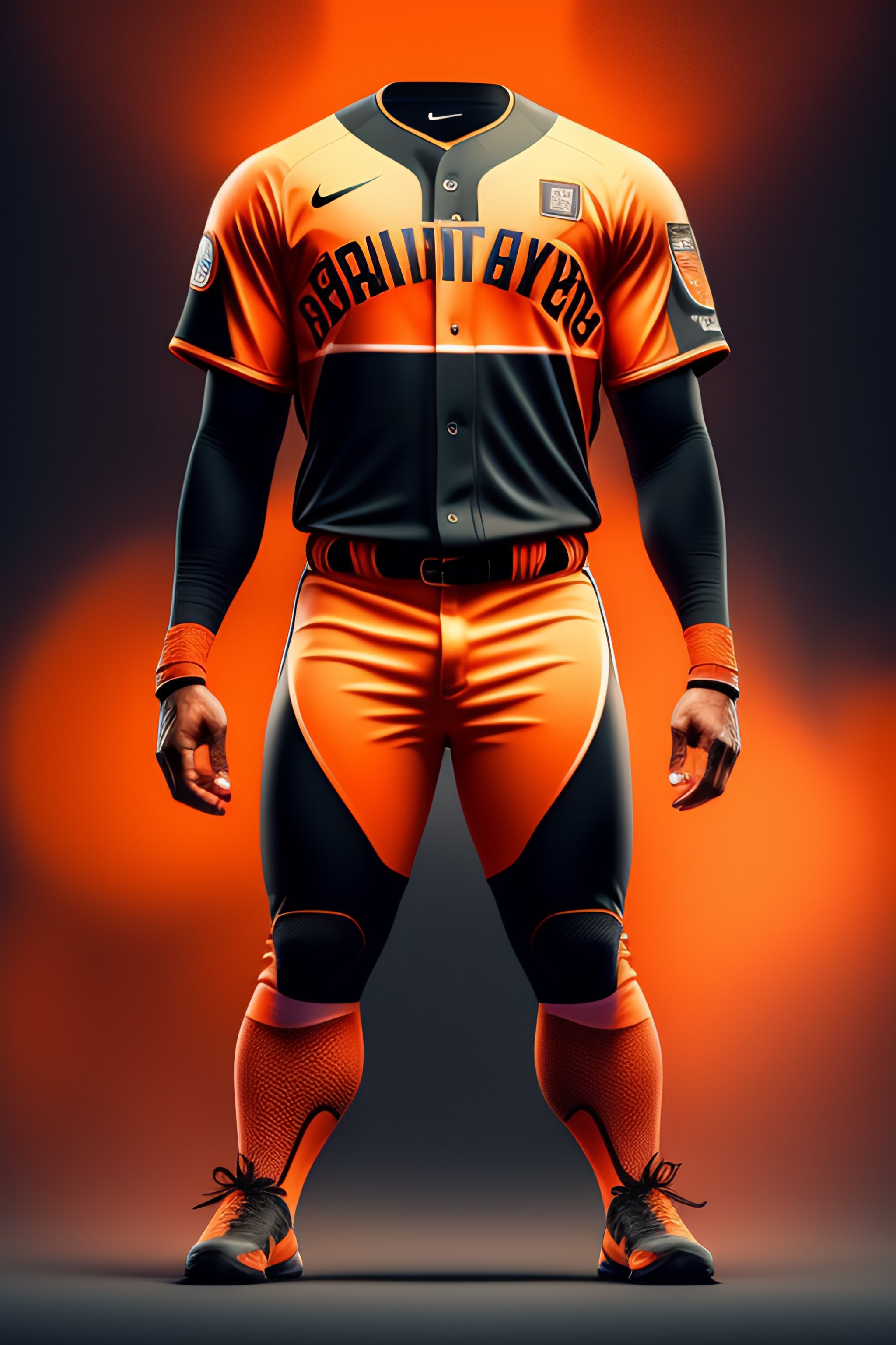 Lexica - Disruptive baseball uniform orange and black, detailed, cinematic,  hyperrealistic,, fullbody, symetric, no letters, no logo