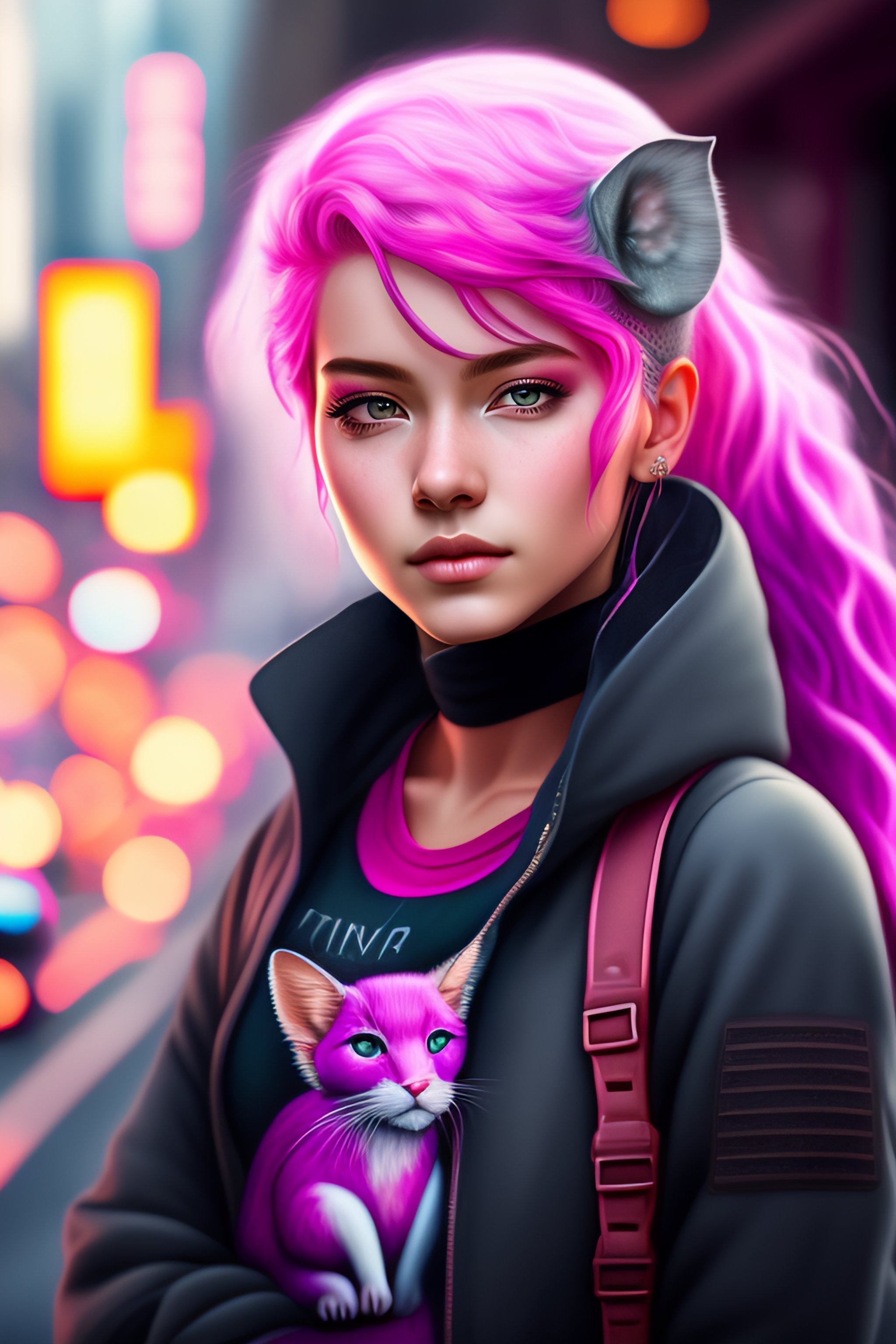 Lexica - Portrait of a girl with pink hair and gray eyes holding a rat ...