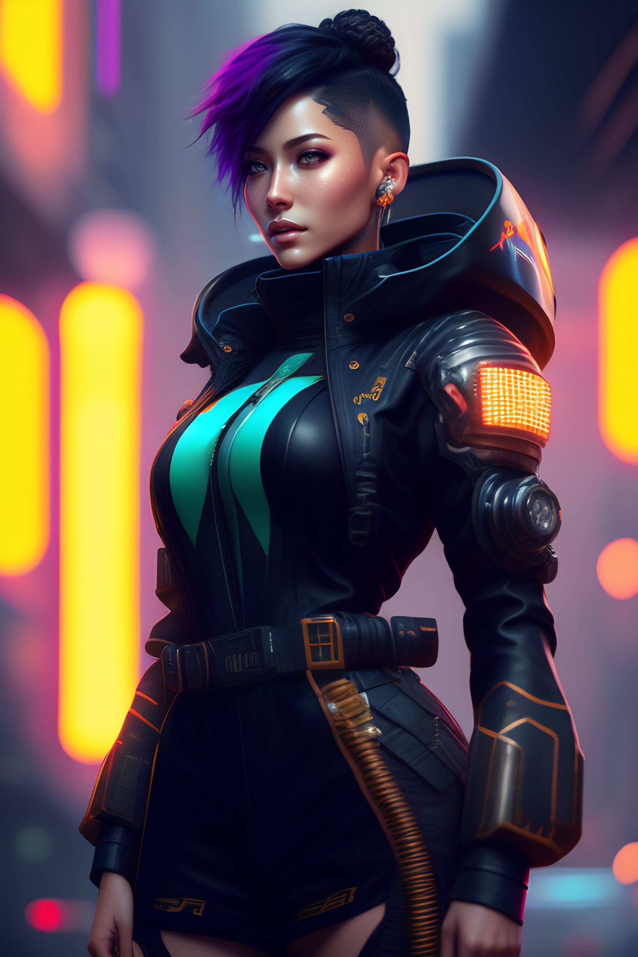 Lexica - Mech Punk clothes with short hair girl , battle status, hyper ...