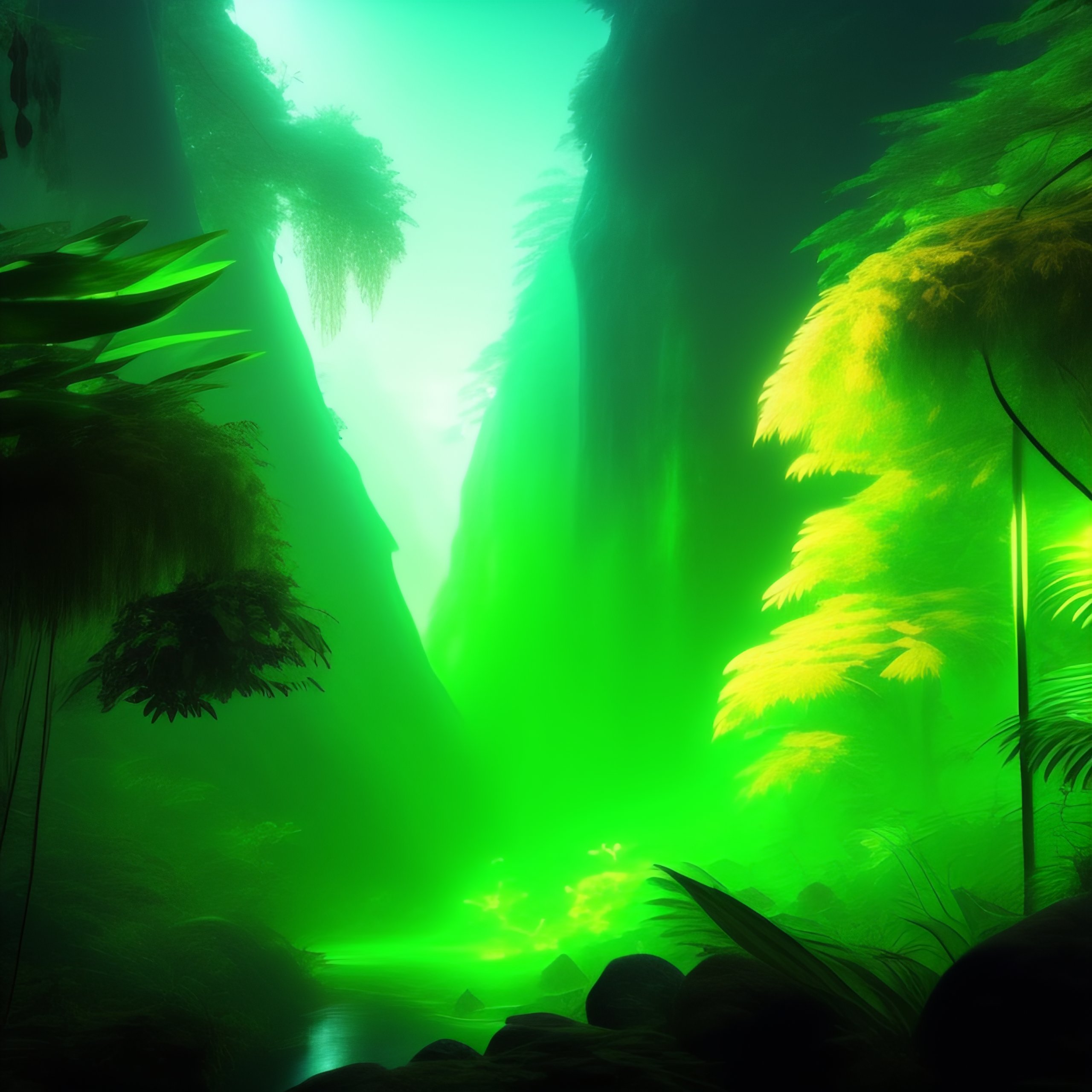 Lexica - A glowing green light guarded by soldiers in a rainforest