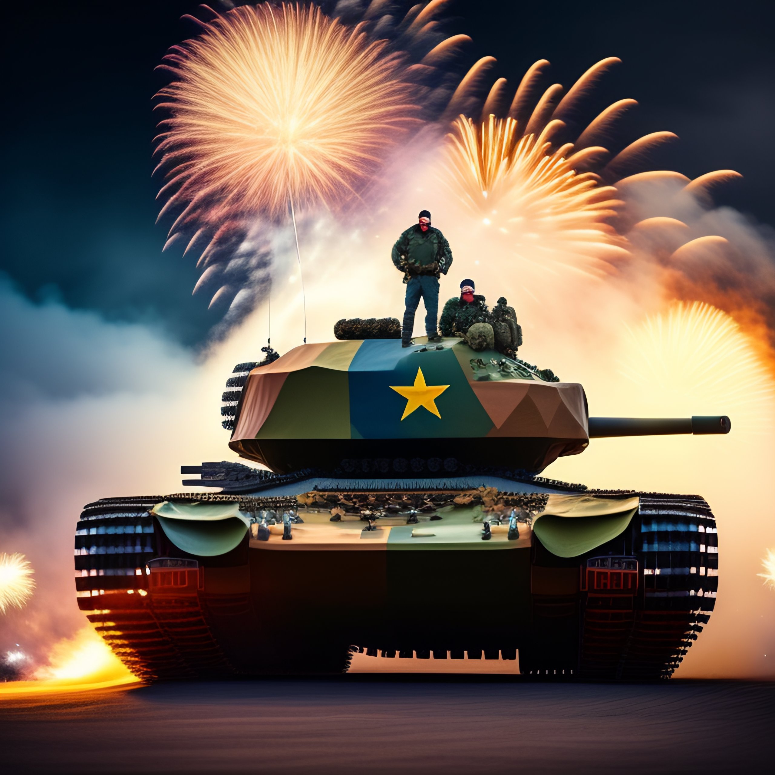 Lexica - Bolsonaro riding atop of a war tank, fireworks, brazilian flag ...