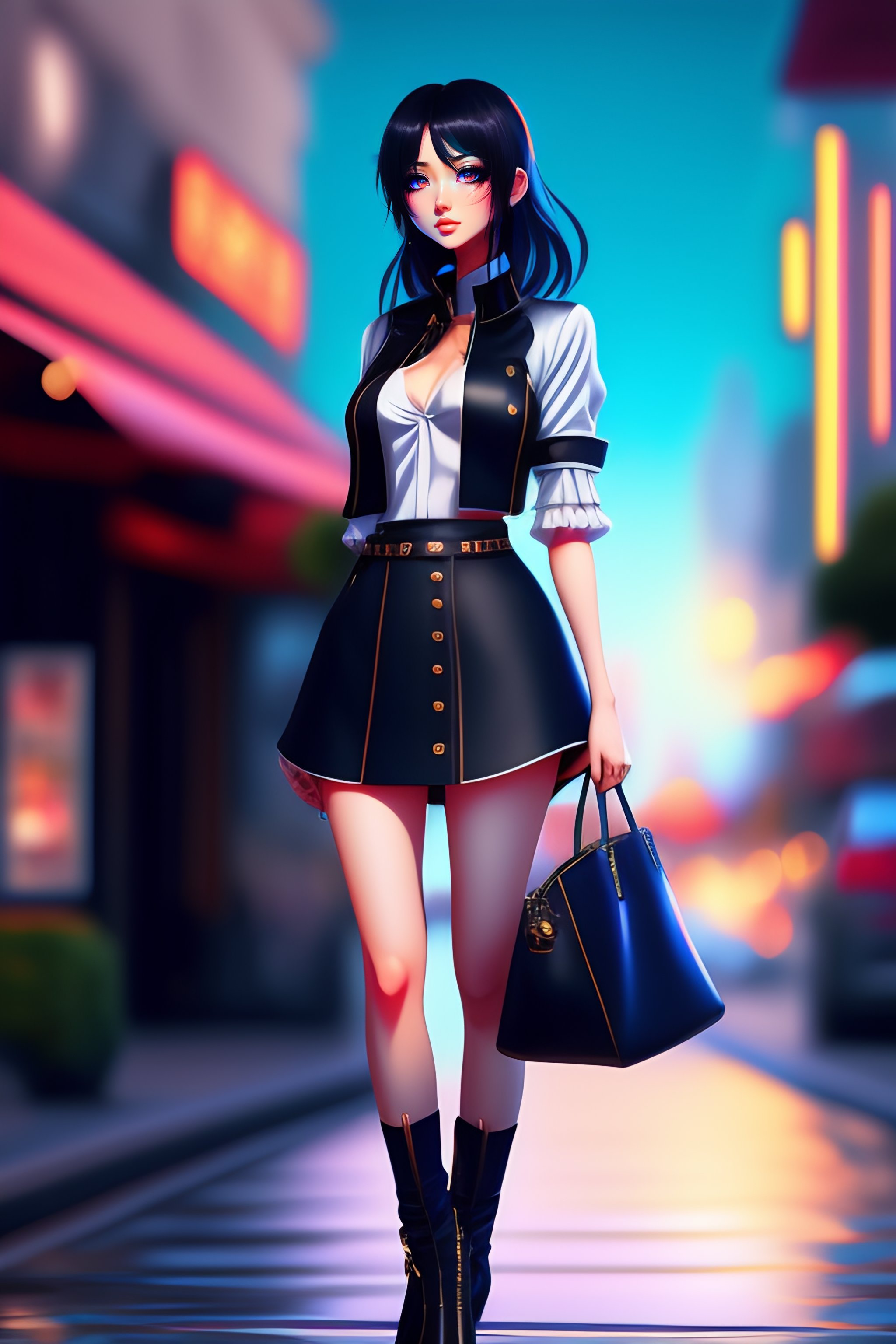 Lexica Full Body Anime Style Model Girl Black Hair Walking Blue Eyes Realistic Detailes 2d