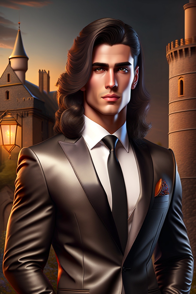 Lexica - Realistic, tall handsome man with shoulder-length black hair ...
