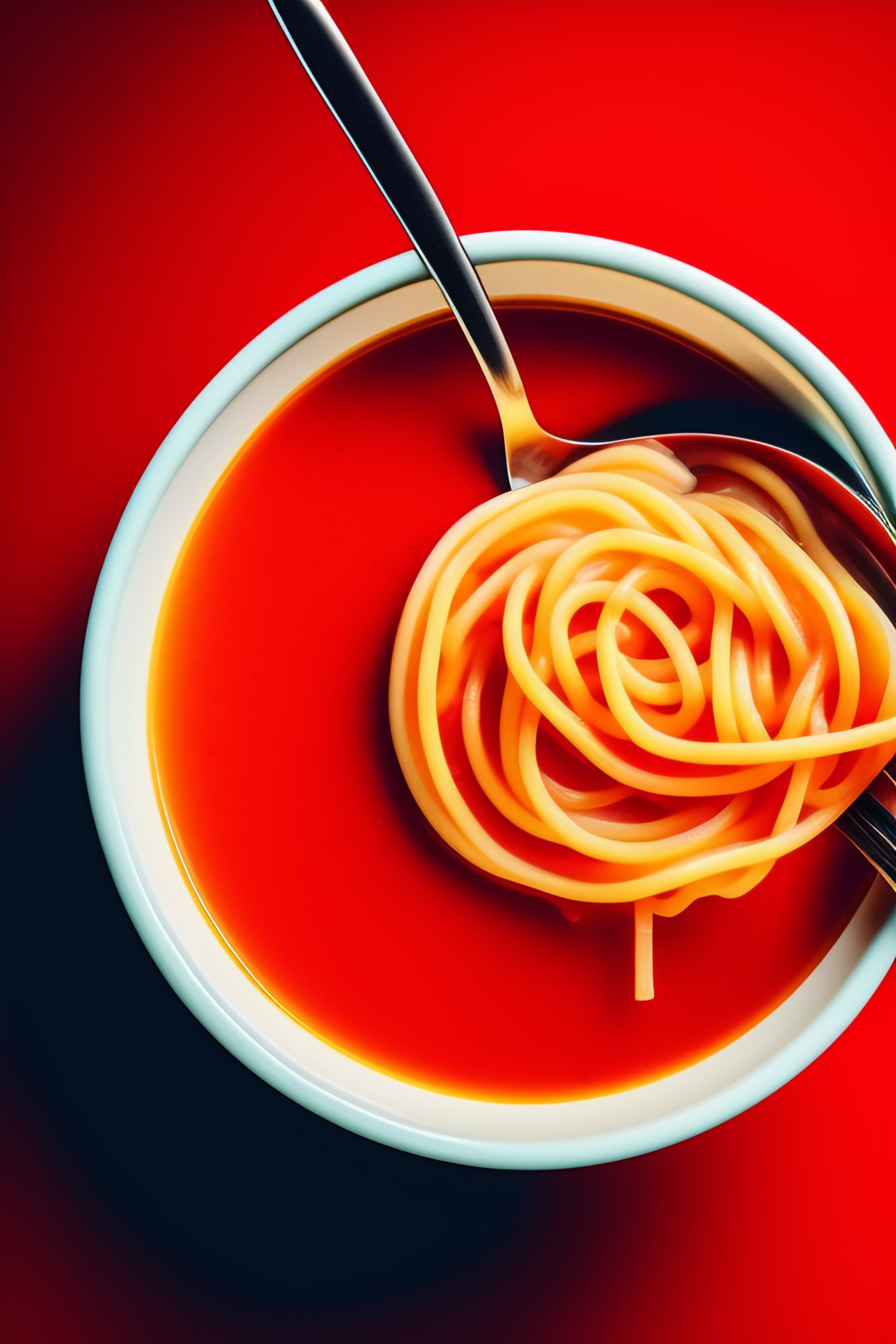 Lexica Red background, white or orange foam cup noodles pulling up