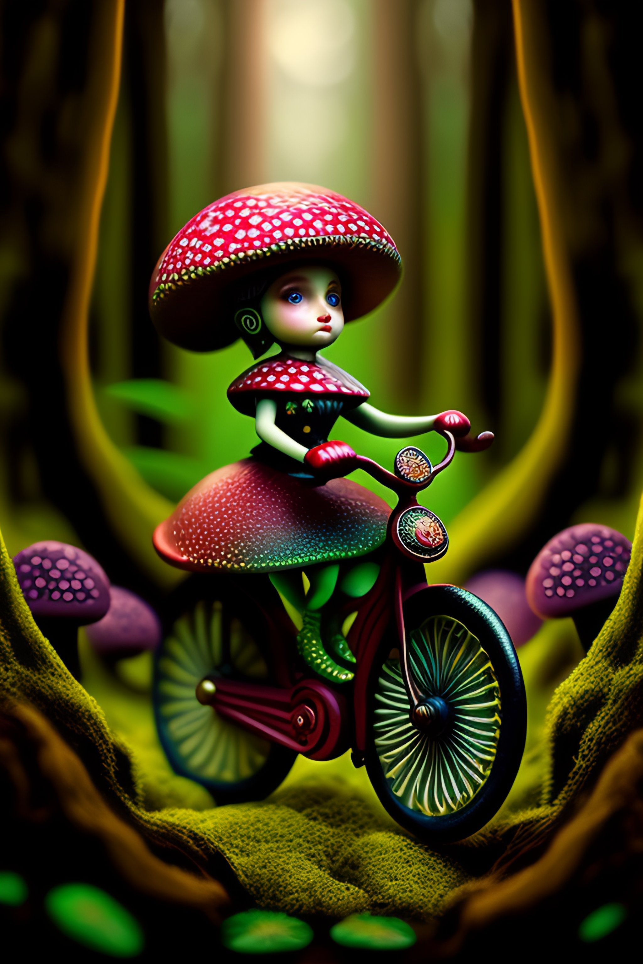 Lexica - Intricate detailed mushroom elf riding bicycle in a dark ...