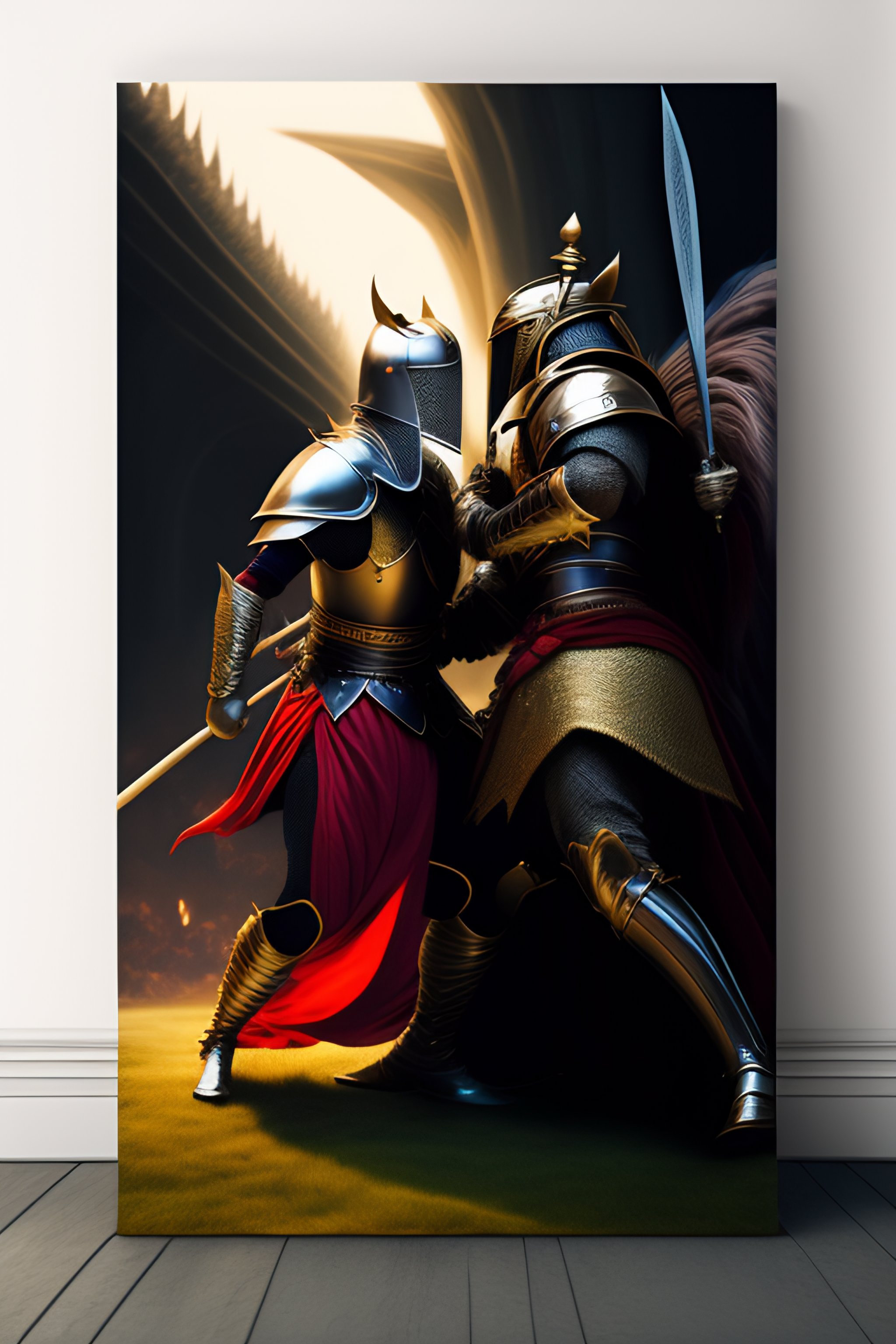 Lexica - Fight scene of a knight and a creature; action, dynamic