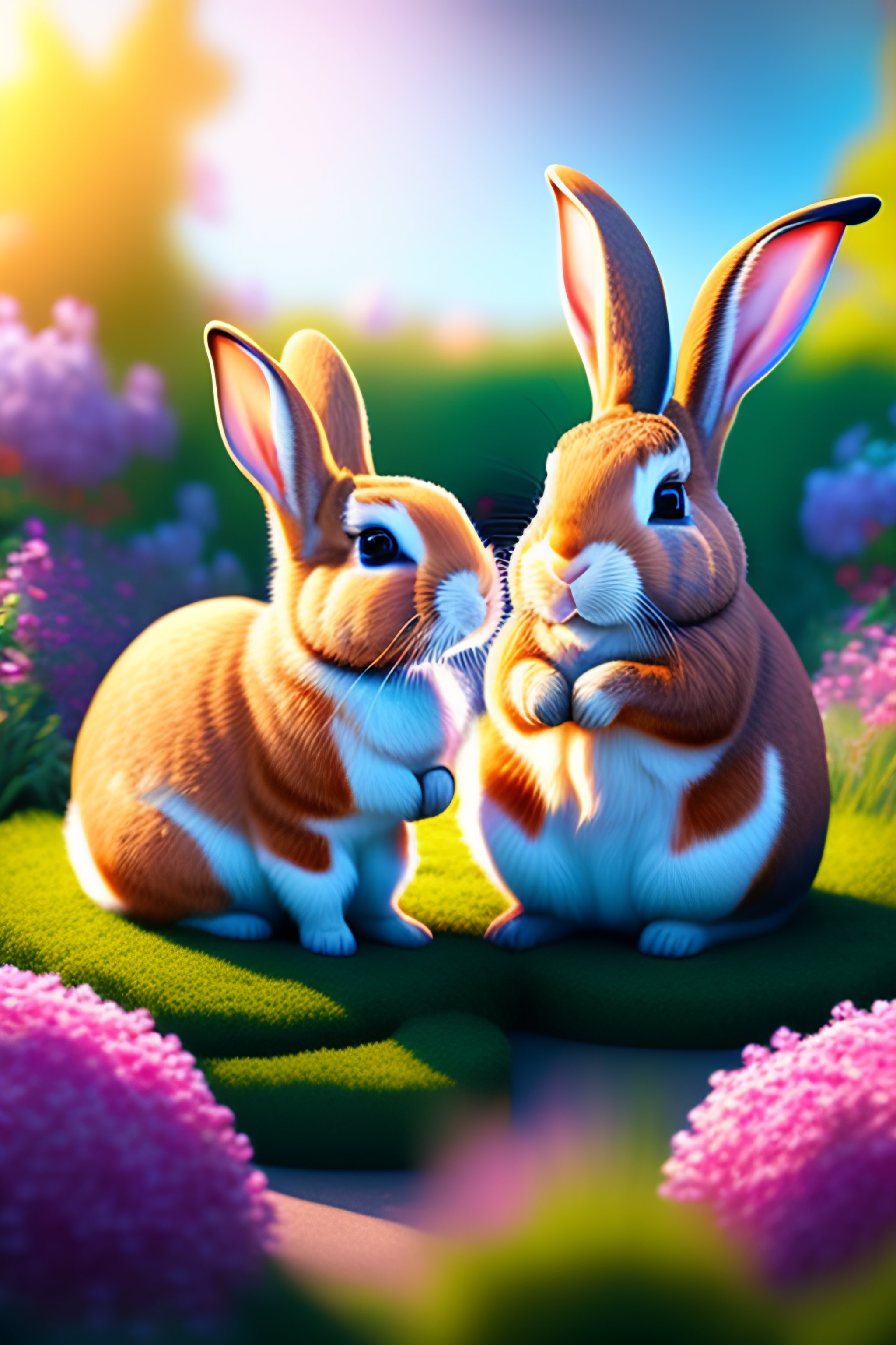 Lexica - Mid-shot two cute rabbits playing in a flower garden best ...