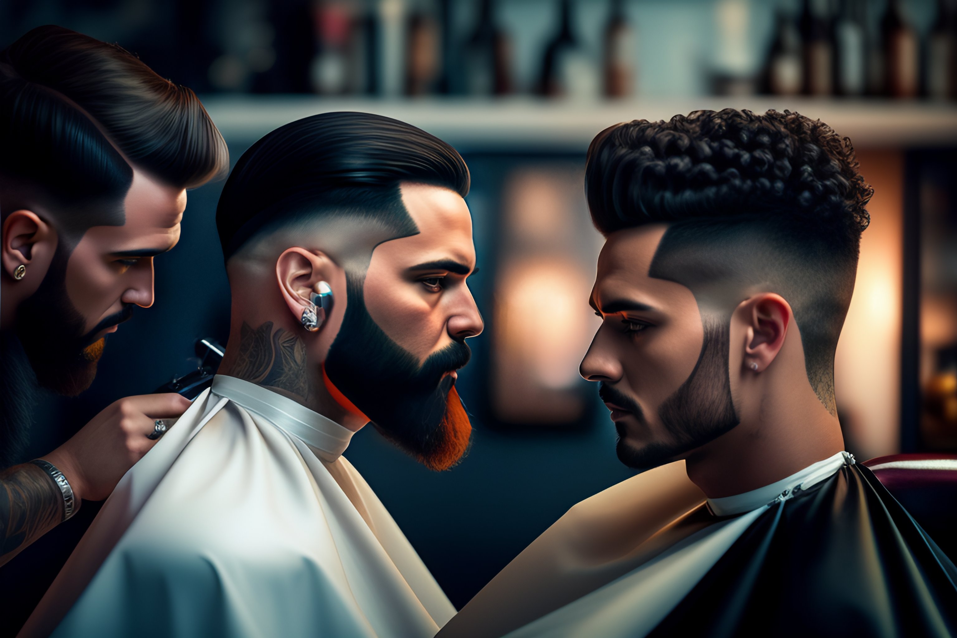 Lexica A barberman cutting another man's hair in a barber shop, a