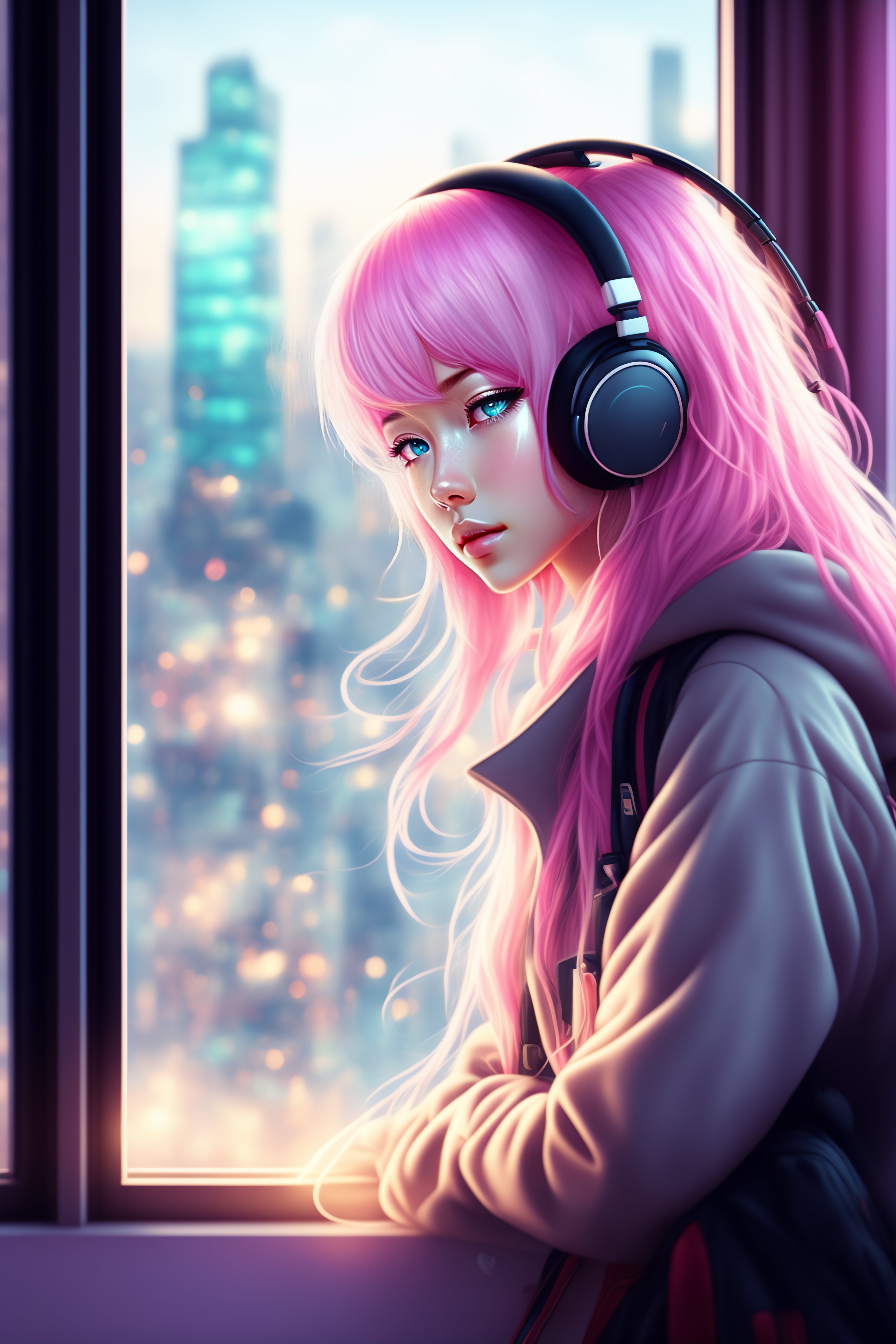 Lexica - Light pink haired girl listening music with her headphones in her  room. Anime style. Posters. Window with a town view
