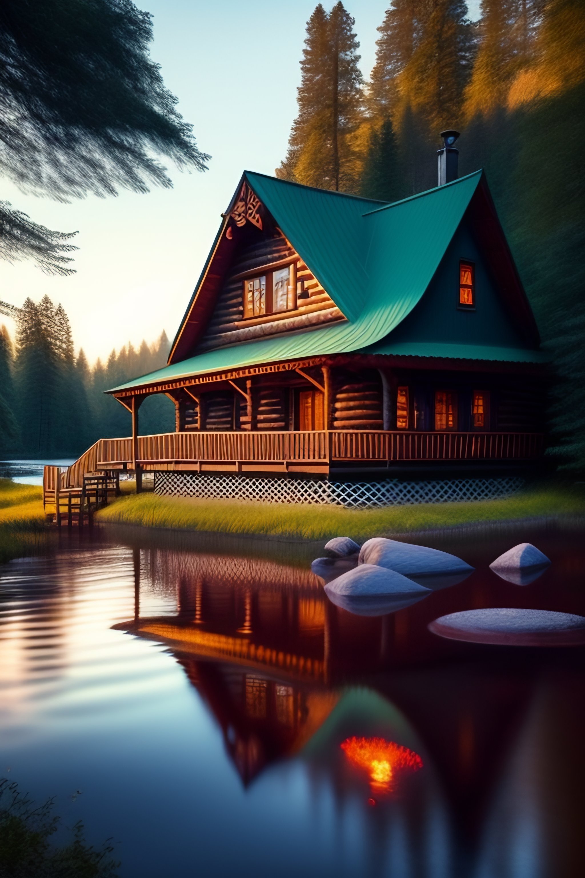 Lexica - A cozy riverside cabin nestled among tall trees, with a woman ...
