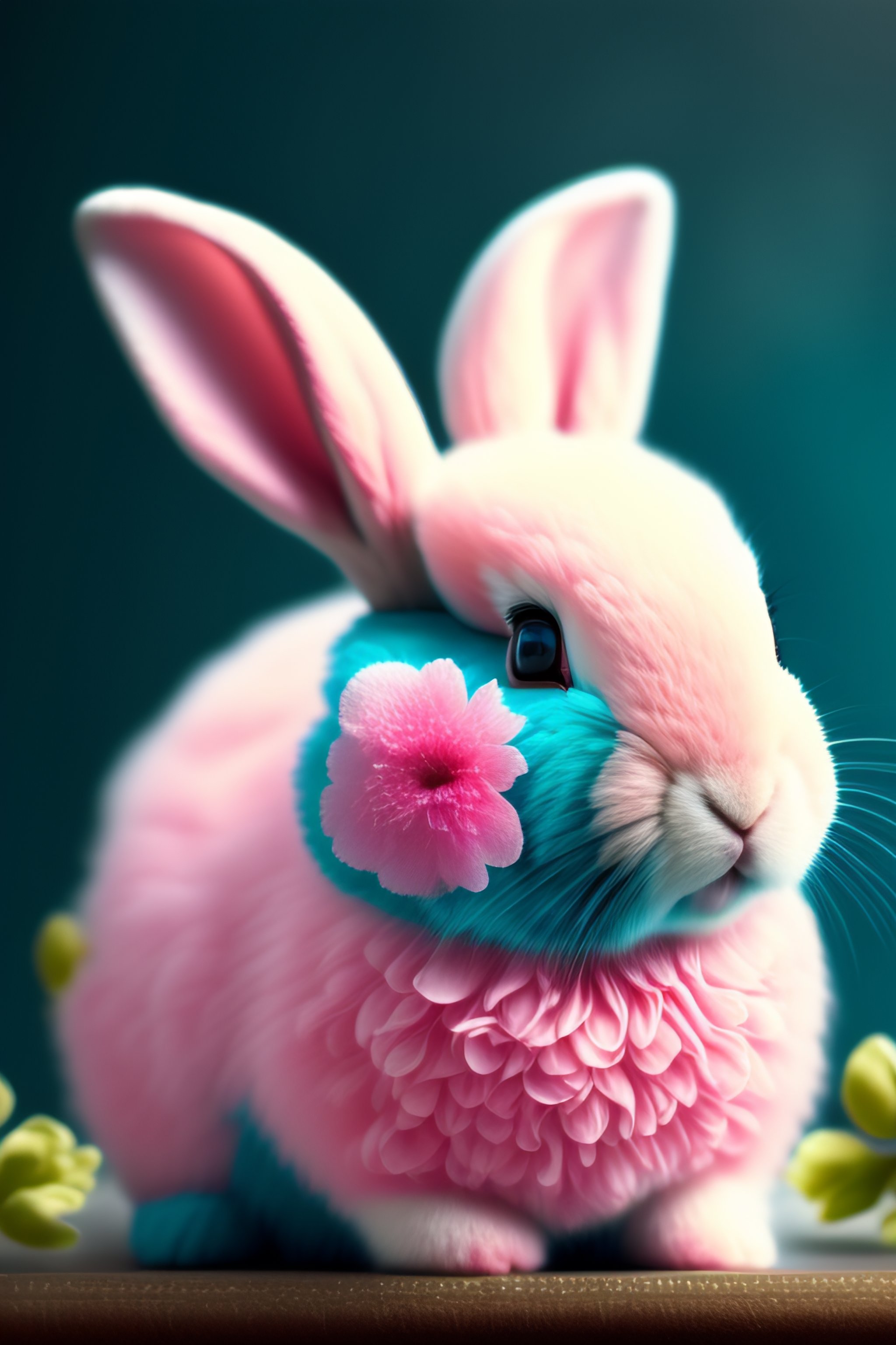 Lexica - Shabby Chic Teal and Pink Flowers with Fluffy Realistic Rabbit
