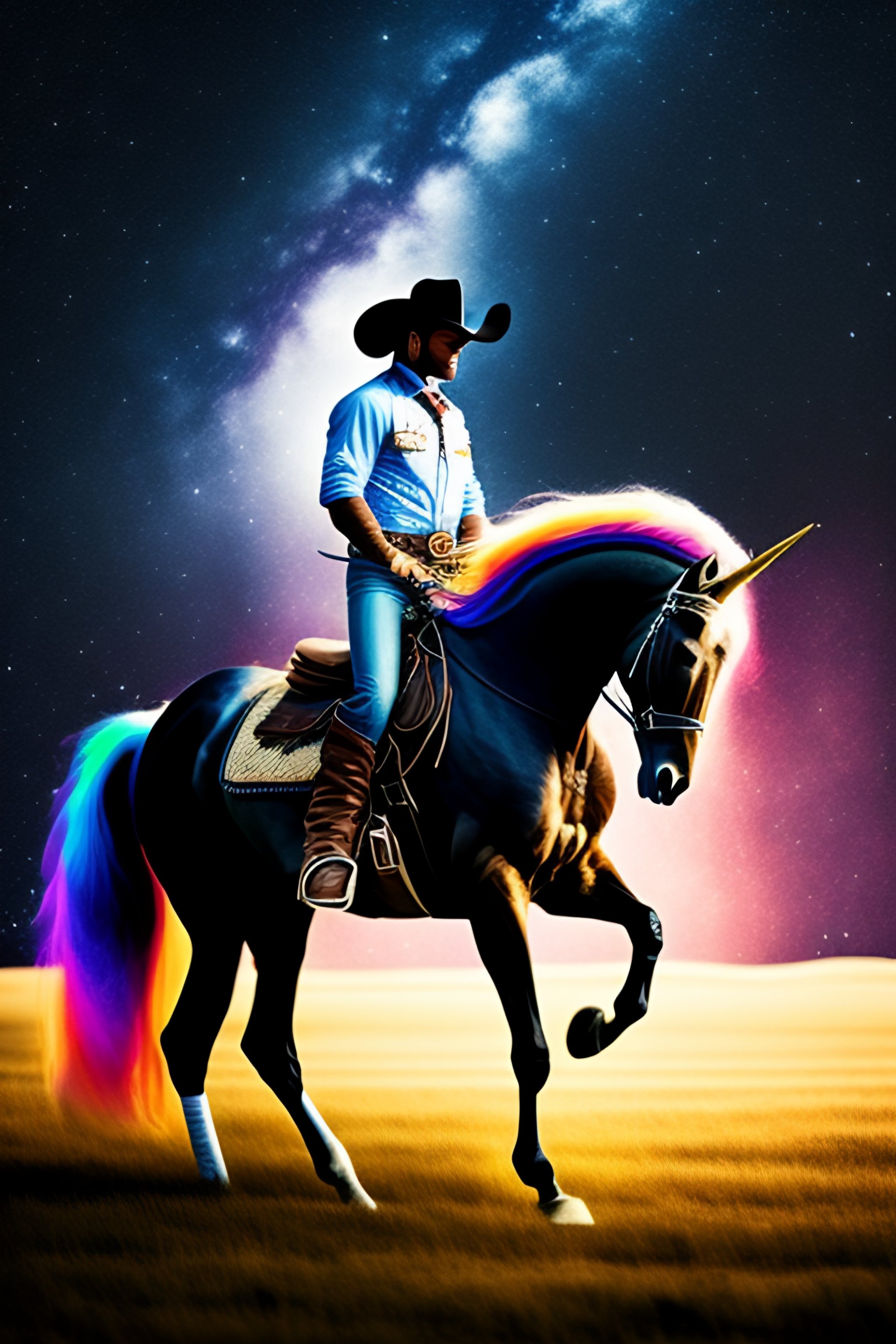 Lexica - Photograph of a cowboy riding a unicorn in a field of stars