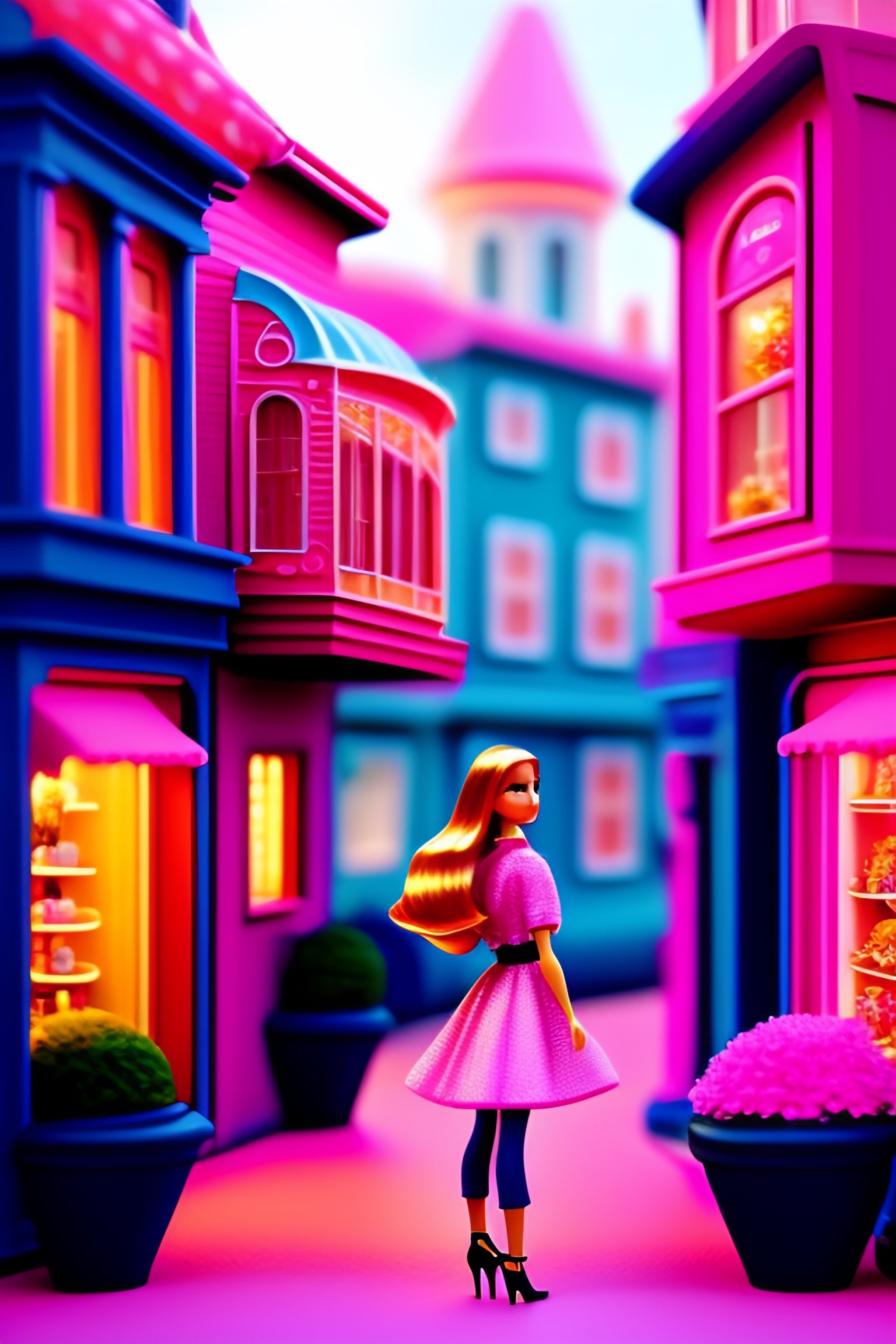 Lexica Vector barbie doll with barbie doll houses and shops on main street background in