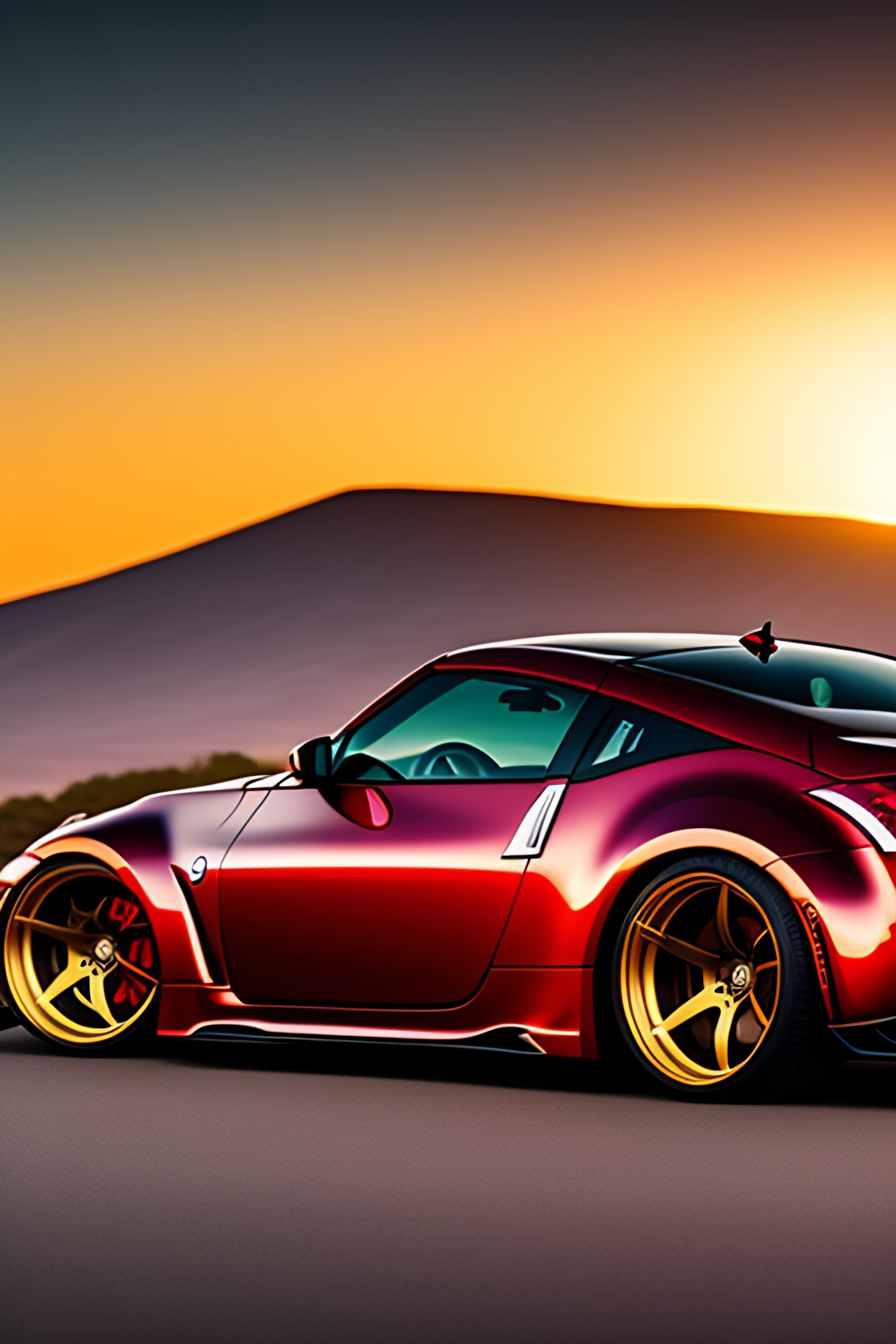 Lexica - Photo of red nissan 350z yellow wheels, highly detailed ...