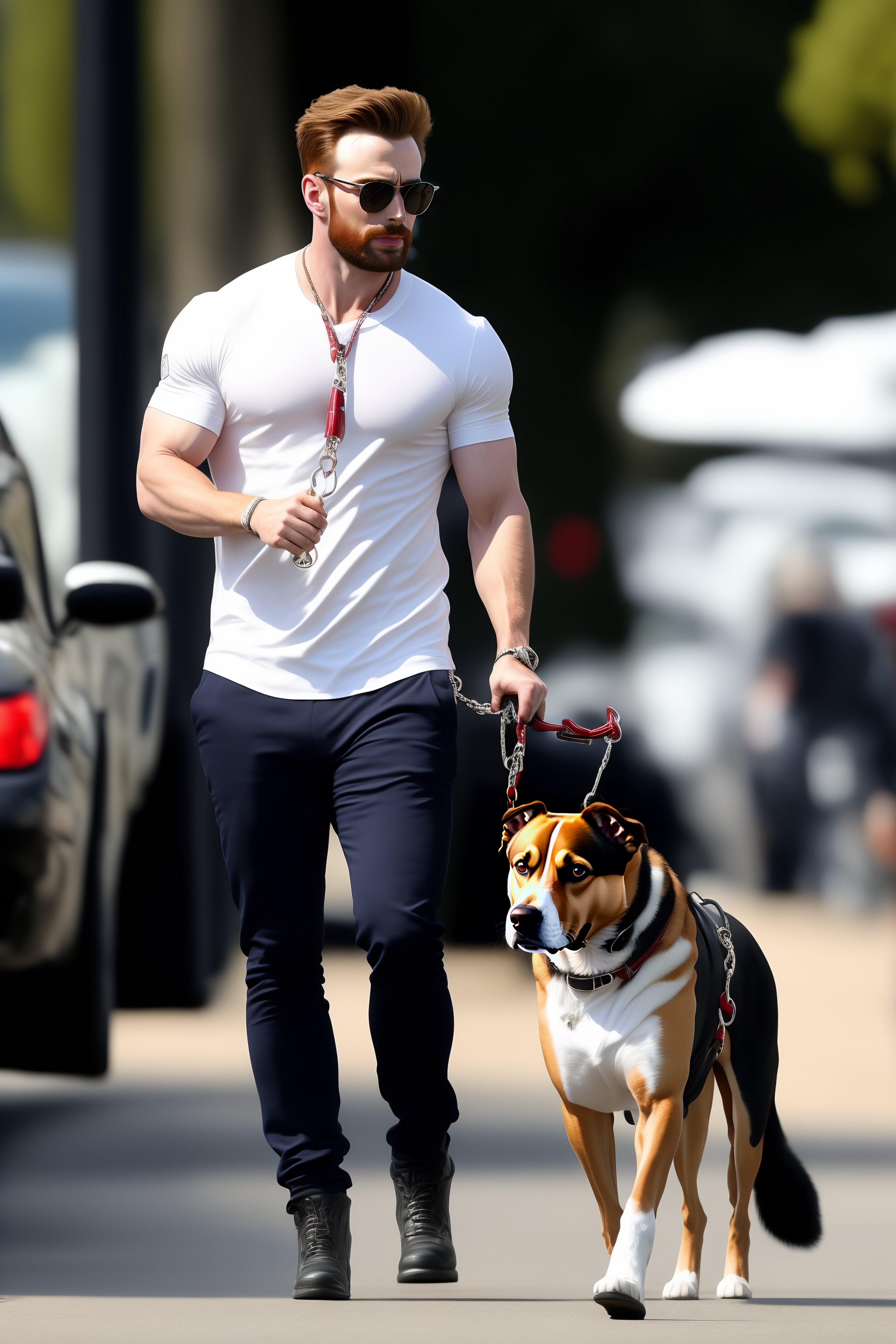 Lexica Chris Evans is walking into a doggy daycare, holding the leash