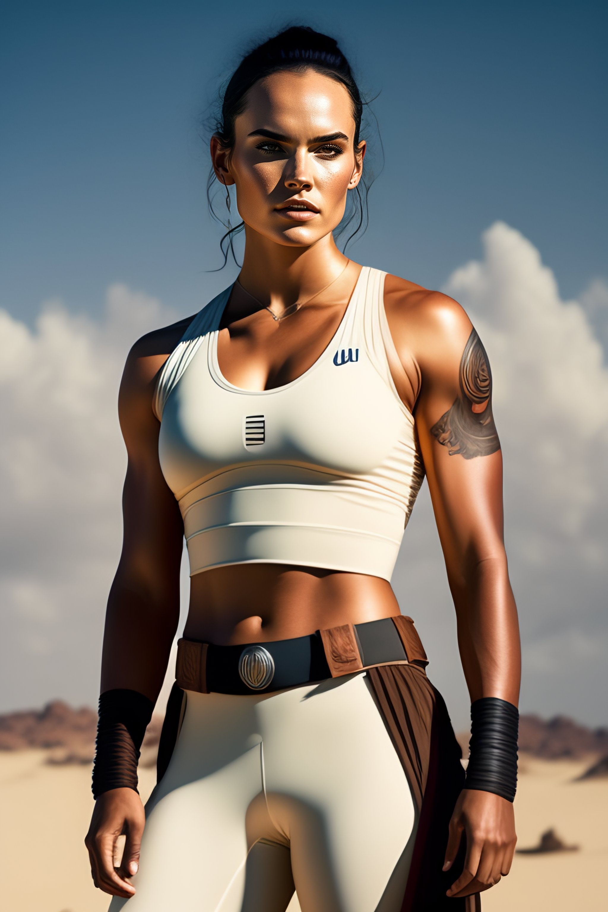 Lexica - Portrait of Star Wars Rey Skywalker in a form-fitting plunge-cut  tanktop, large-firm-chest, sweaty-glistening-skin