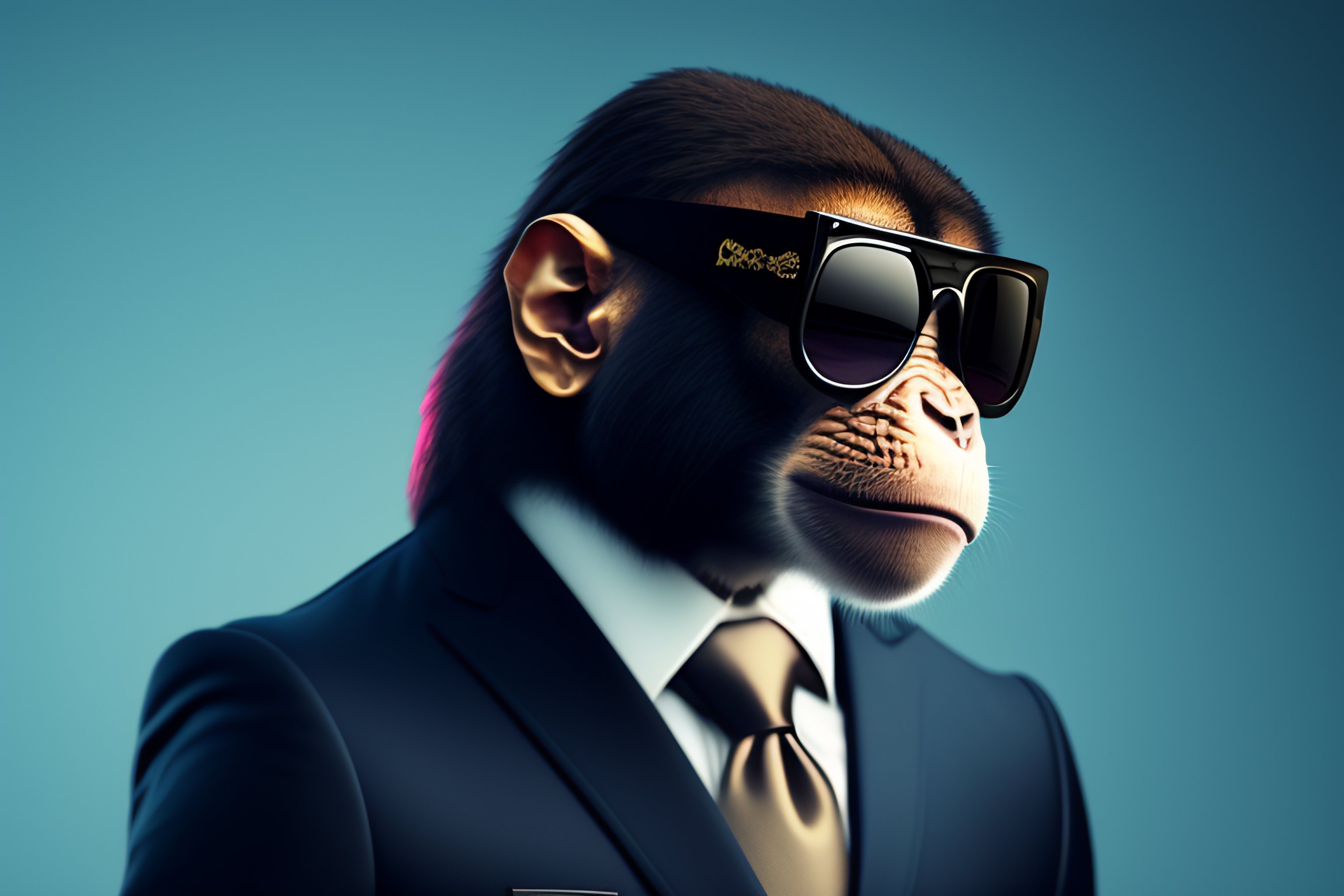 Lexica - Discord profile picture of a monkey wearing sunglasses and a suit,  looking to the side, cool, relistic