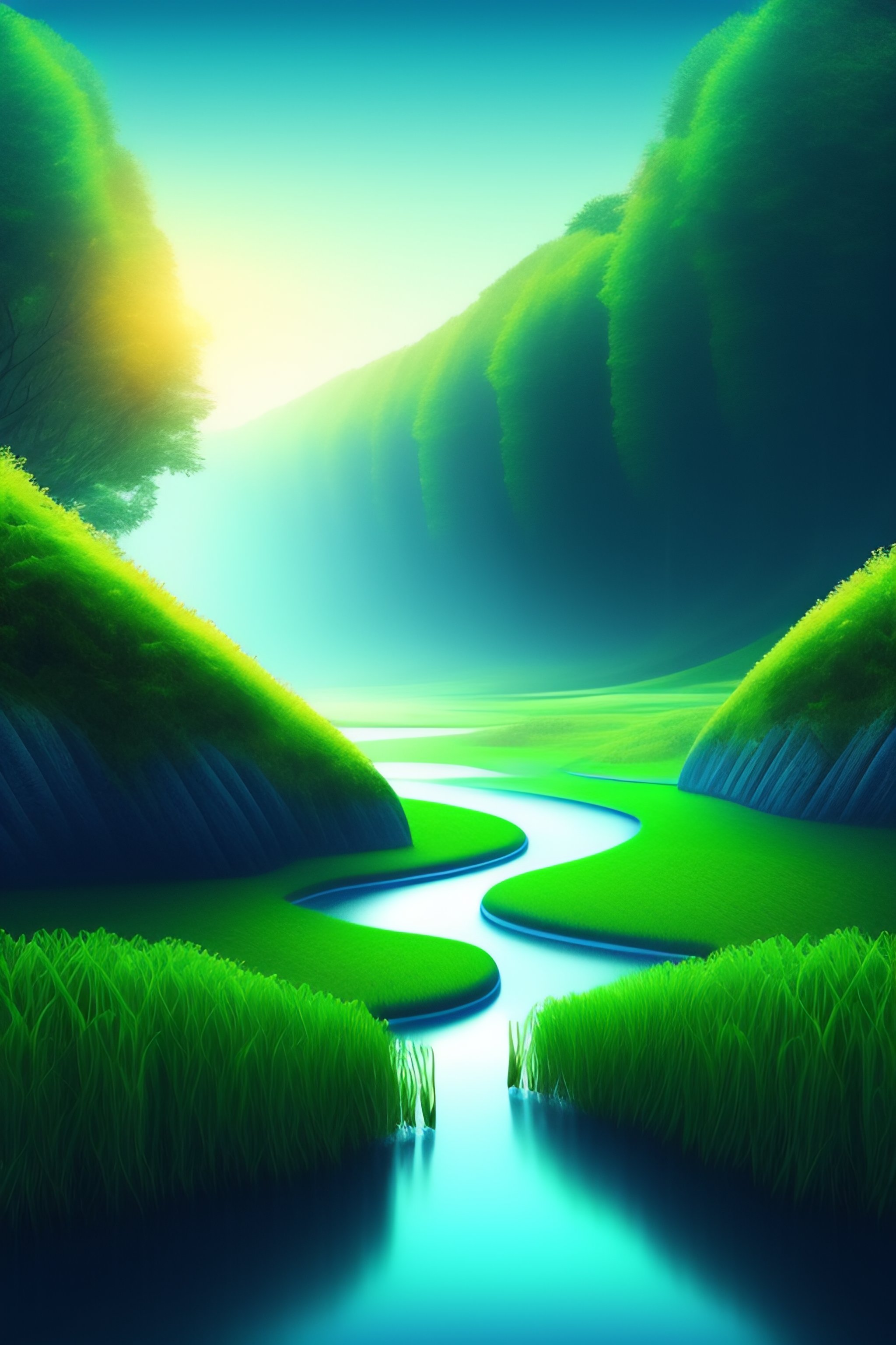 Lexica - Blue river flowing in middle of a green field, within a water ...