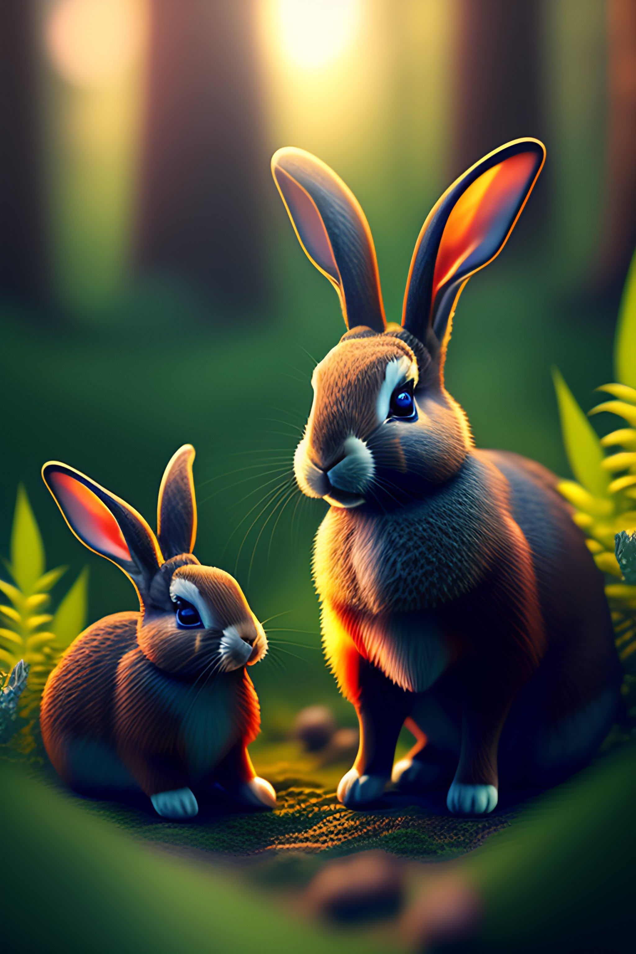 Lexica - Anthropomorphic rabbits sitting on the ground of a dark forest ...