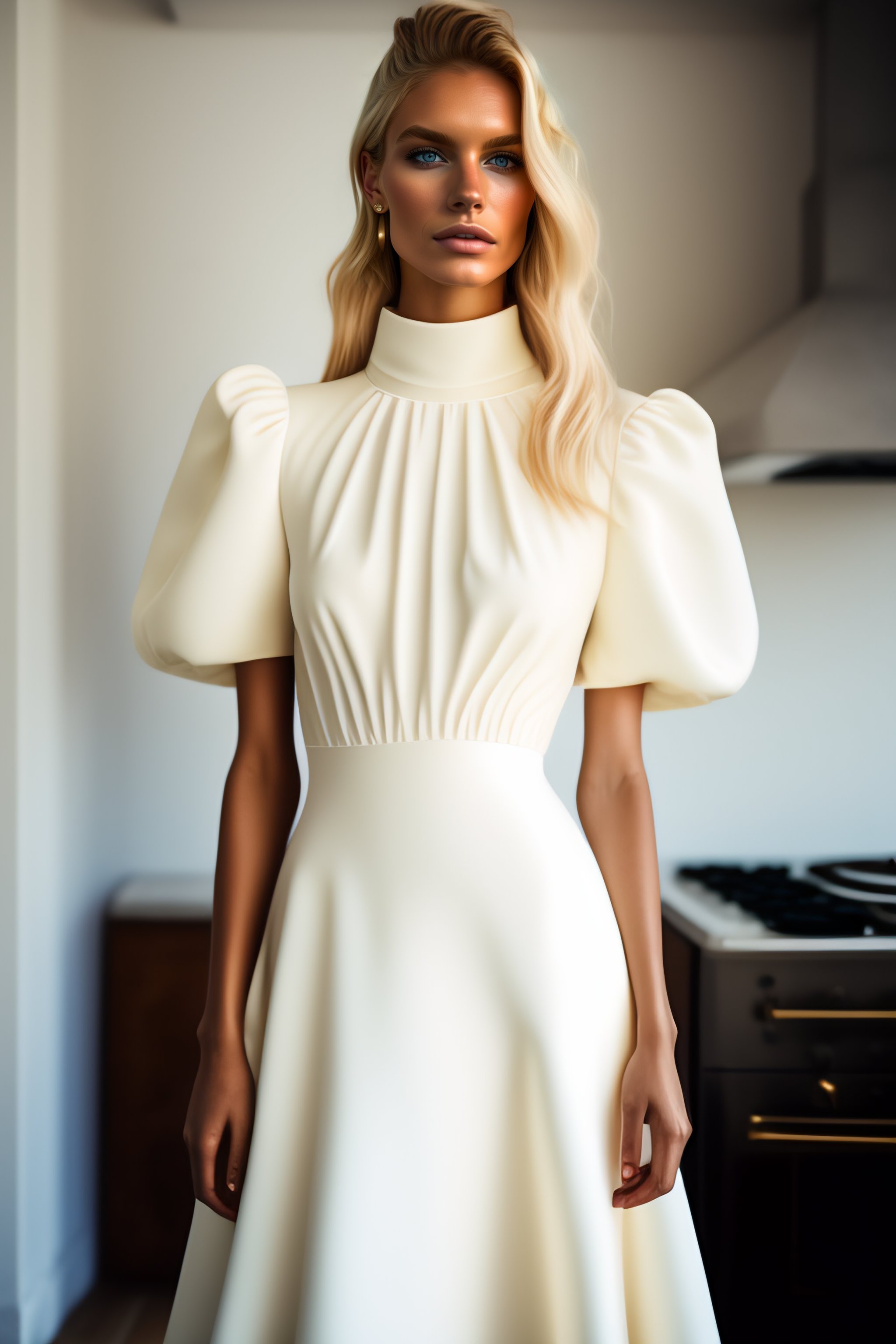 Lexica - Blond fashion model wearing a up the knee short wedding dress ...