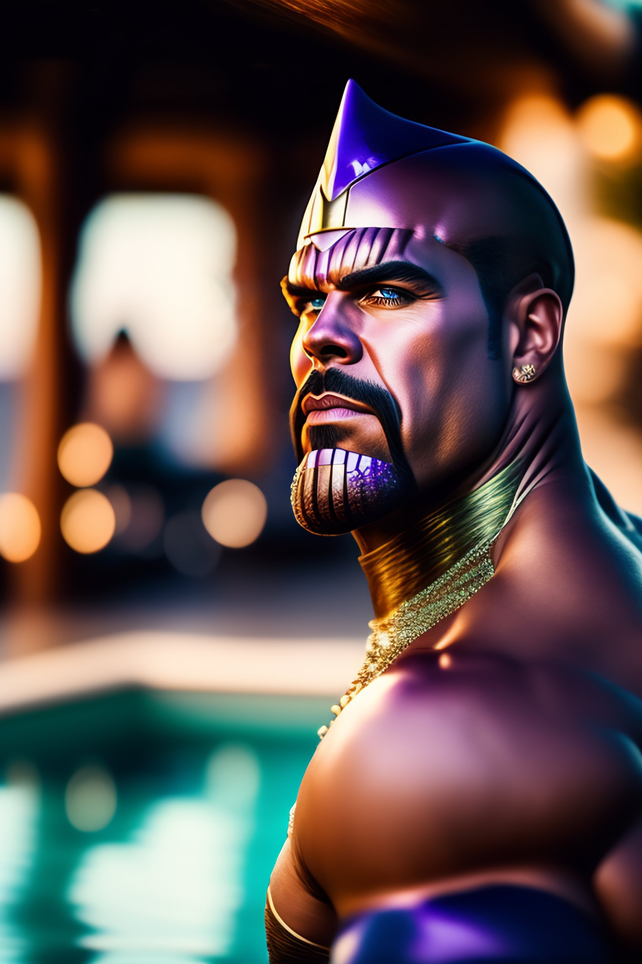 Lexica - Thanos drunk at a pool party drinking whiskey, add a hilltop ...