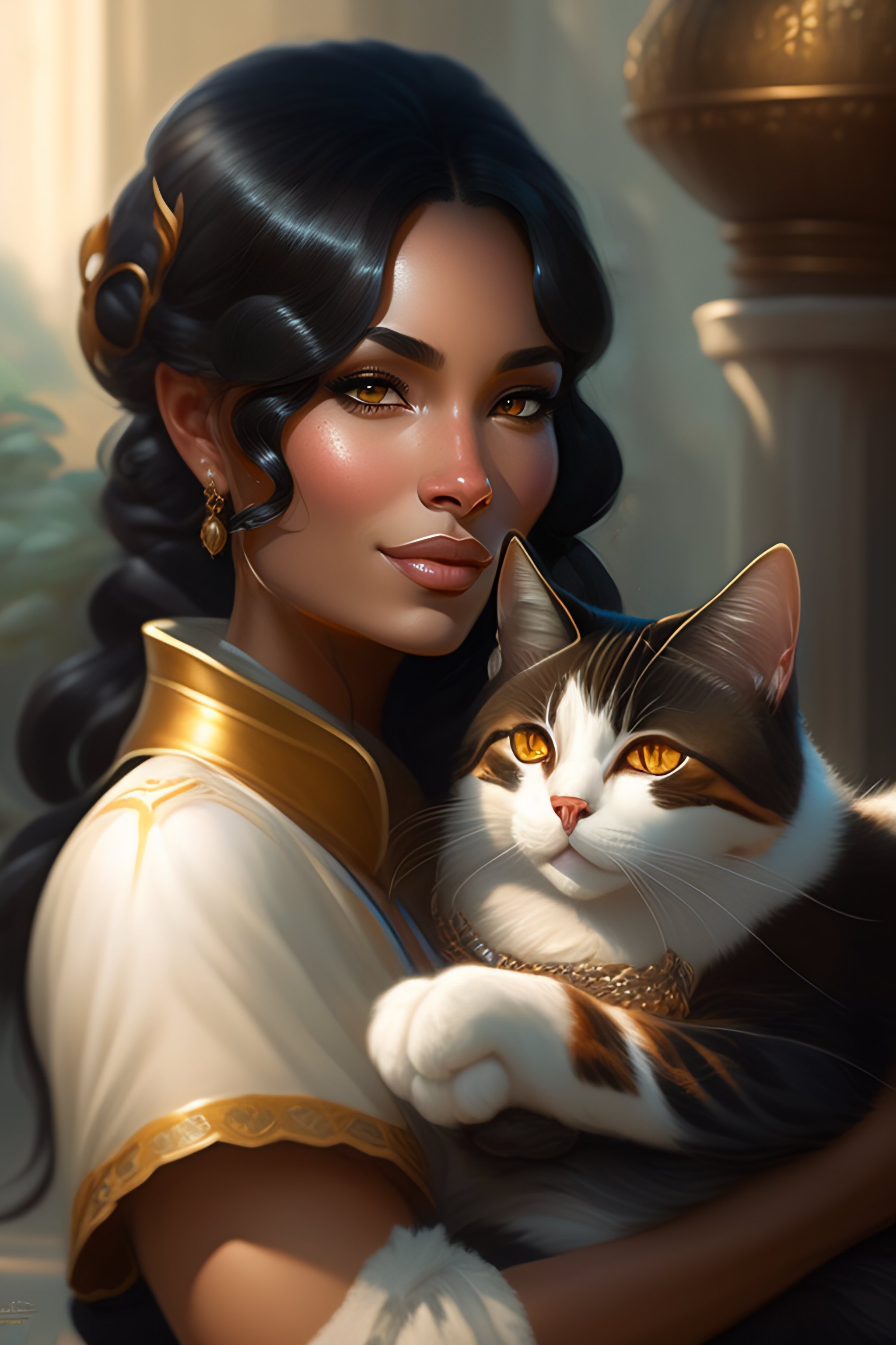 Lexica - A detailed portrait of a cute black hair woman hugging a tabby ...