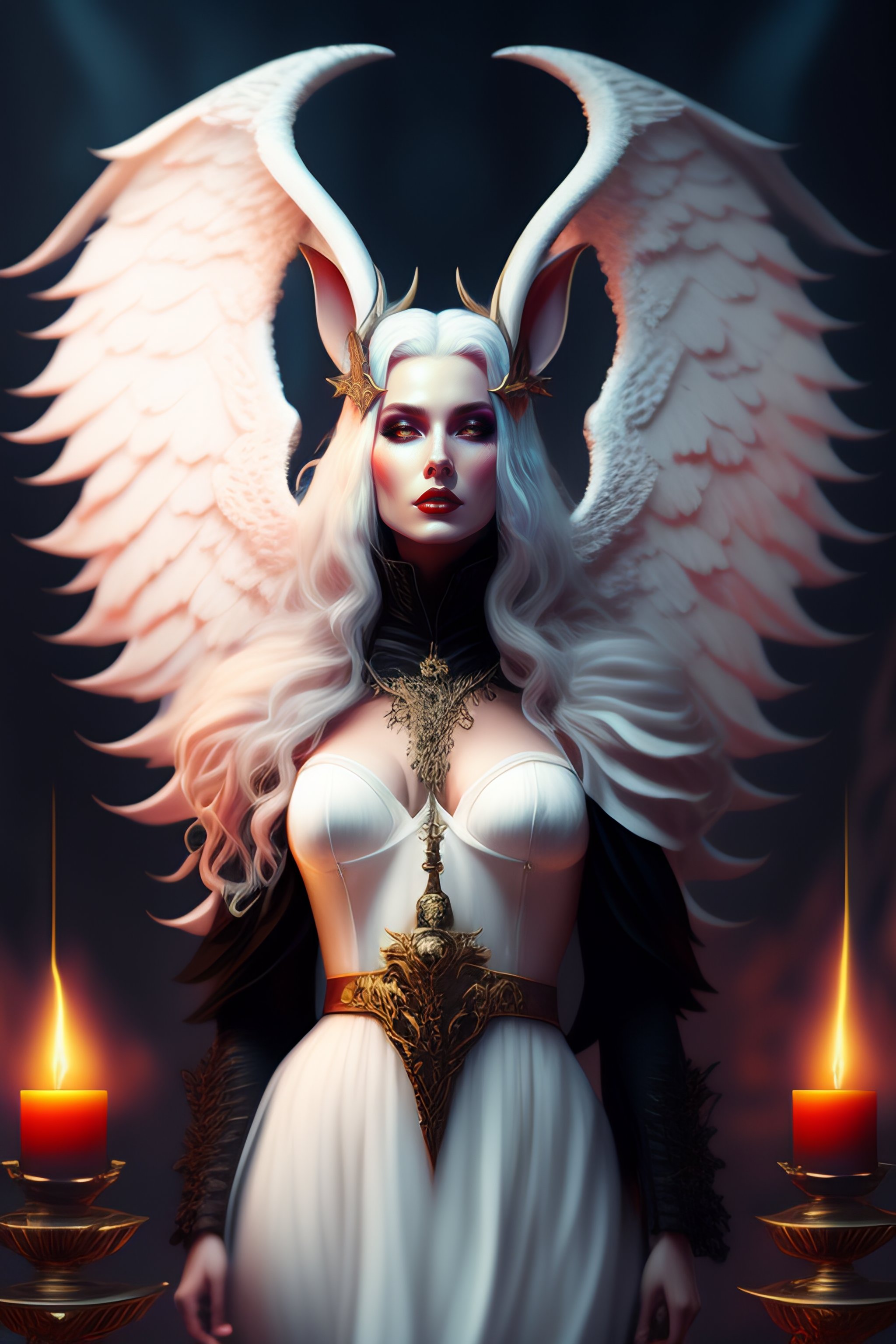 Lexica - A detailed full body portrait of a witch demon white rabbit in a  hellish world as angel of death standing on altar, background blades,  goth,...