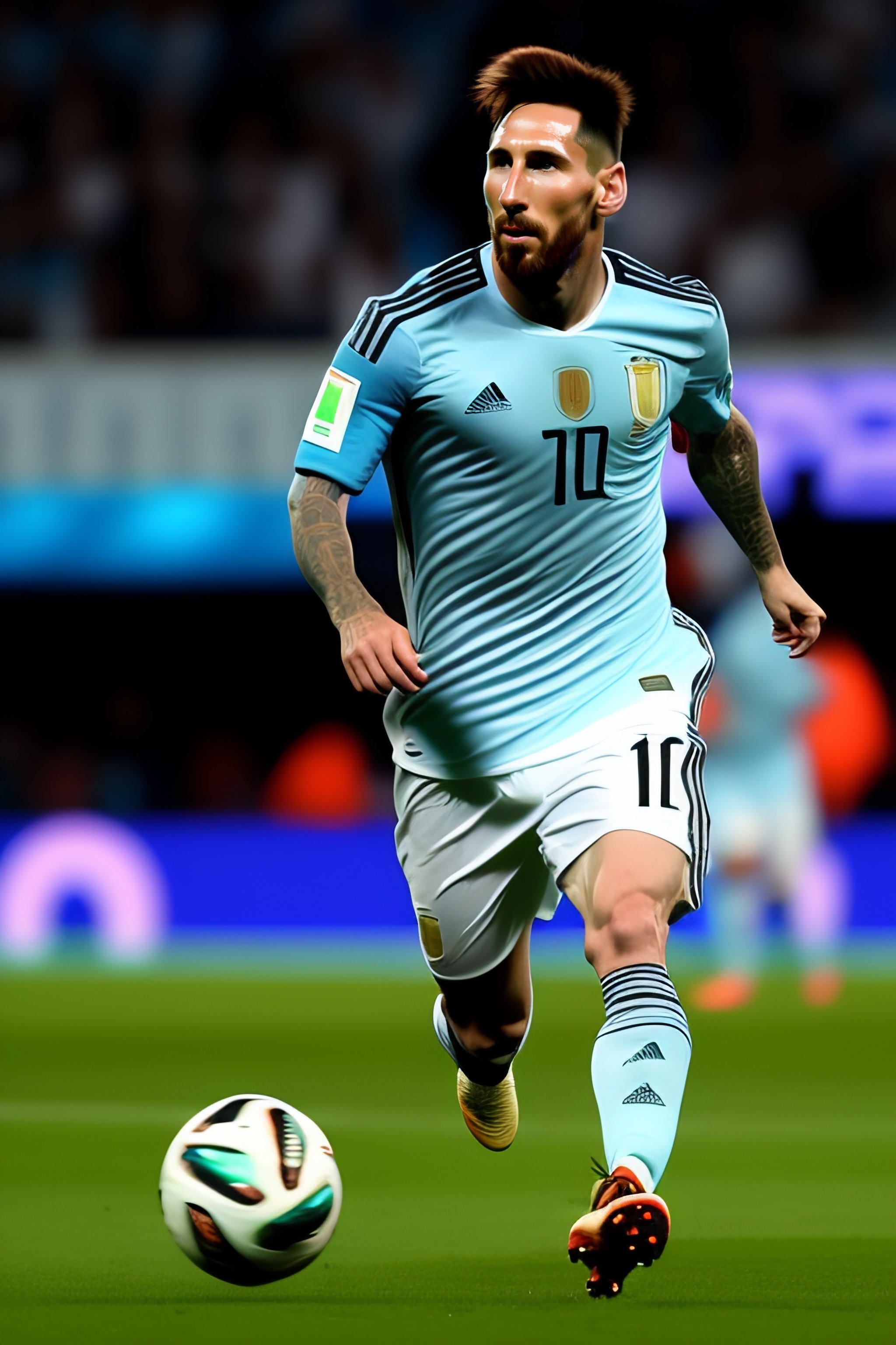 Lexica - Full body 3d render of funko pop Lionel Messi with argentina shirt  and lifting up the worldclup