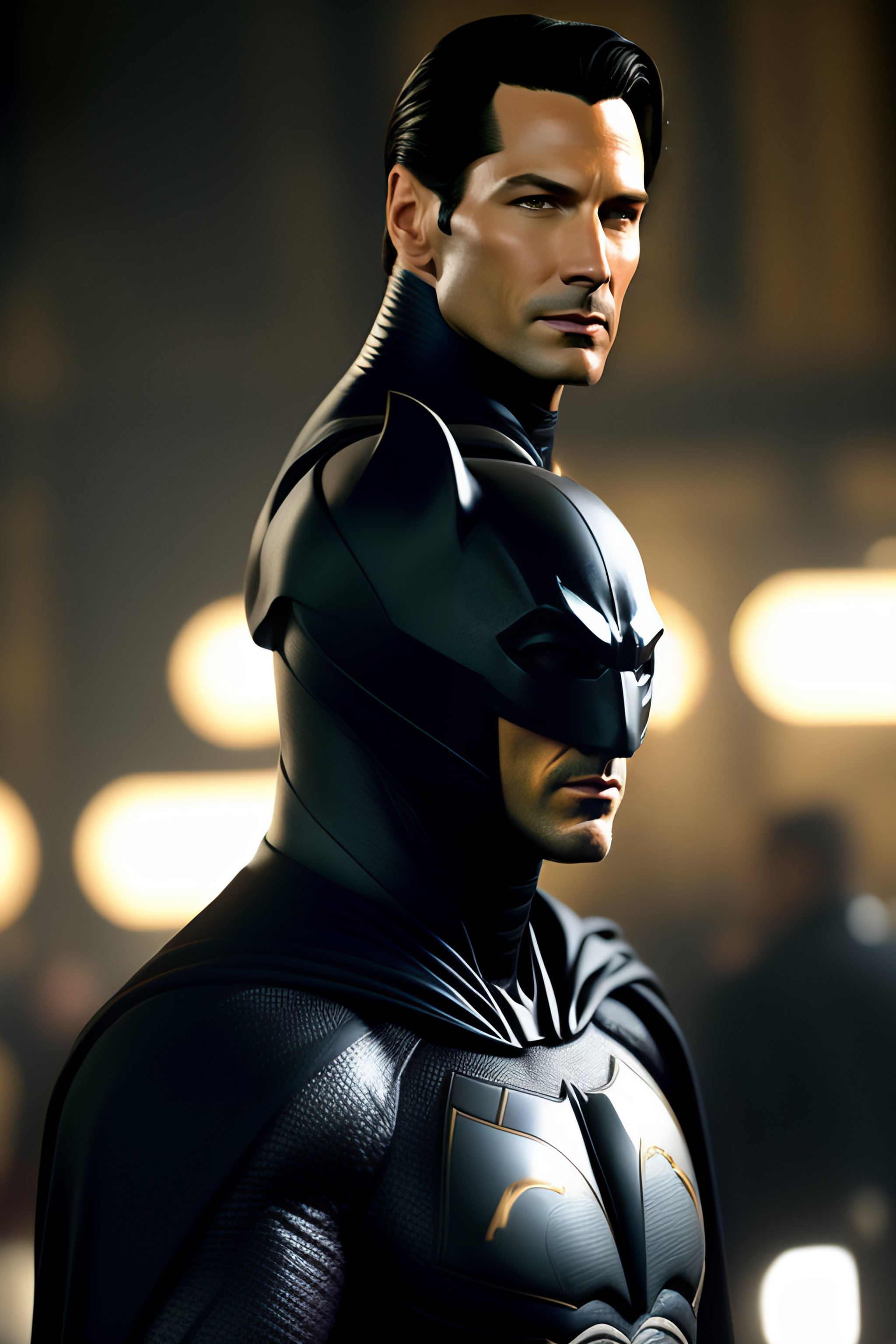 Lexica Keanu reaves as bruce wayne with batsuit in batman movie, full