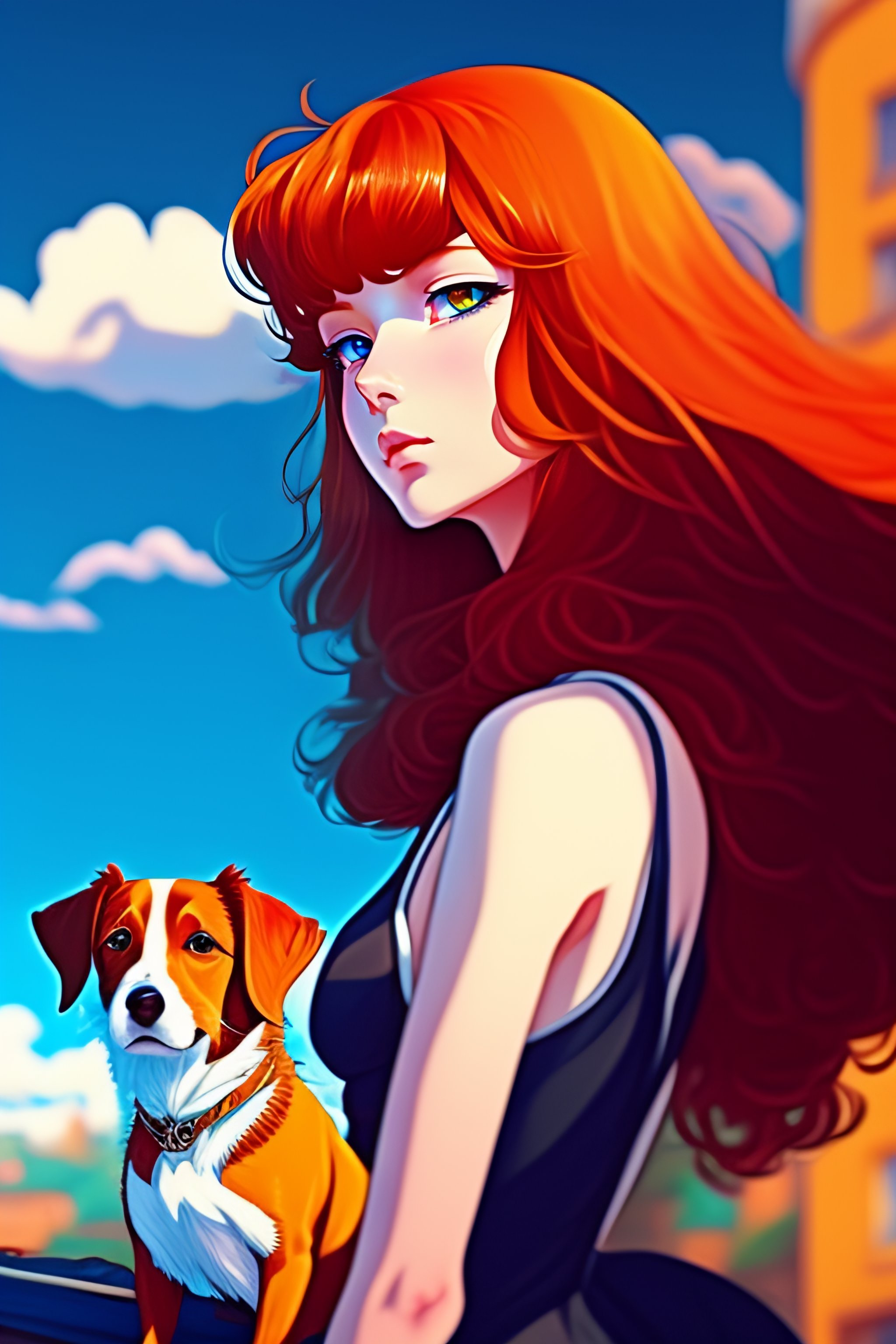 Lexica Blue Eyed Long Haired Redhead Model Next To A Jack Russel
